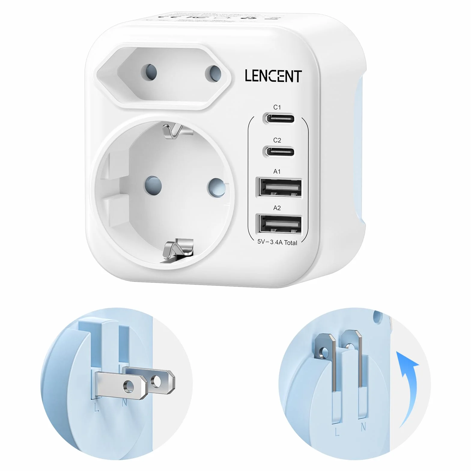 LENCENT Adaptateur de Voyage Prise Type A USB-C Pliable USA Canada Mexique Thaïlande
