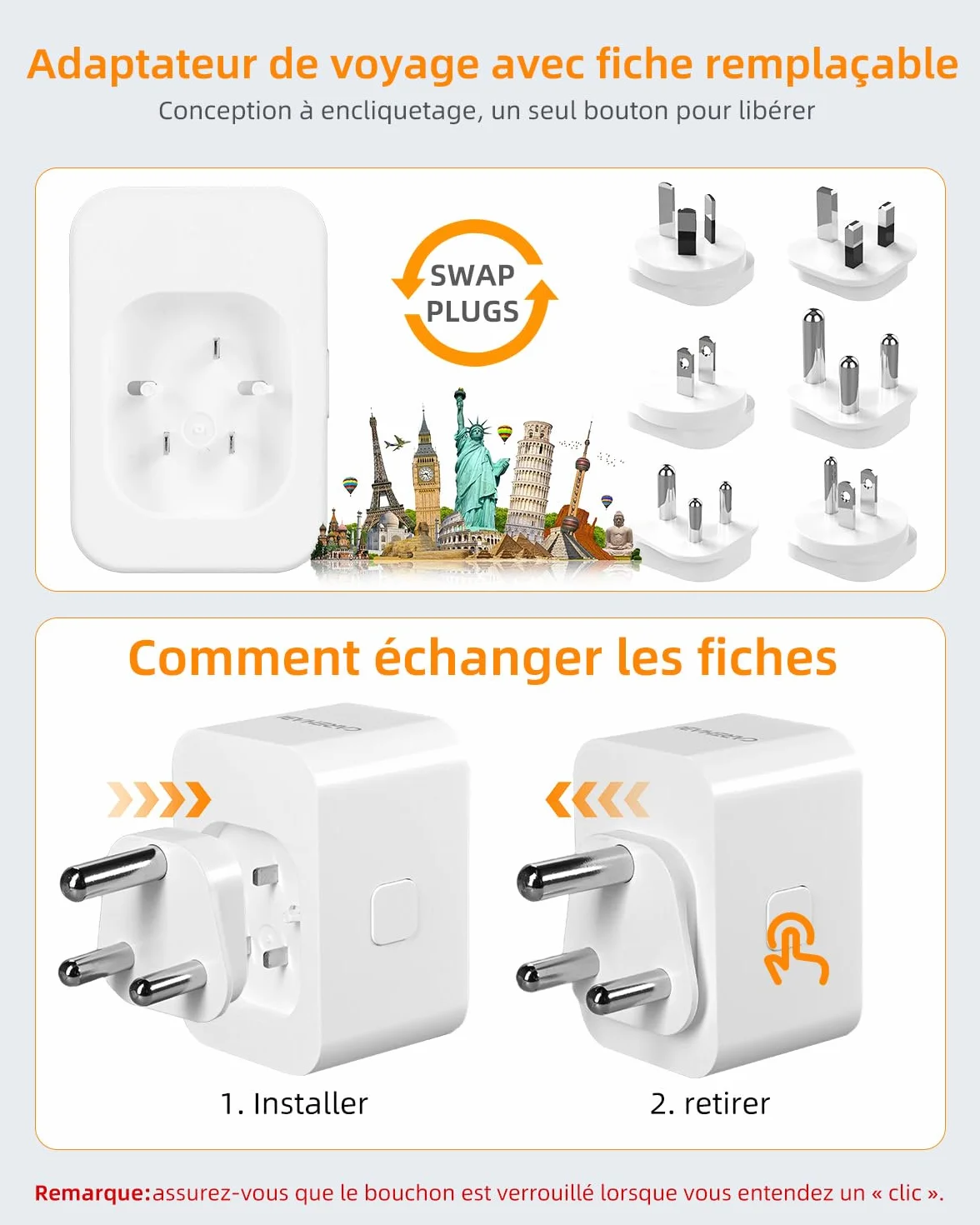 Kit d'adaptateur Prise Universelle Voyage USB-A Type-C Type G B I A M D pour Royaume-Uni États-Unis Australie Japon