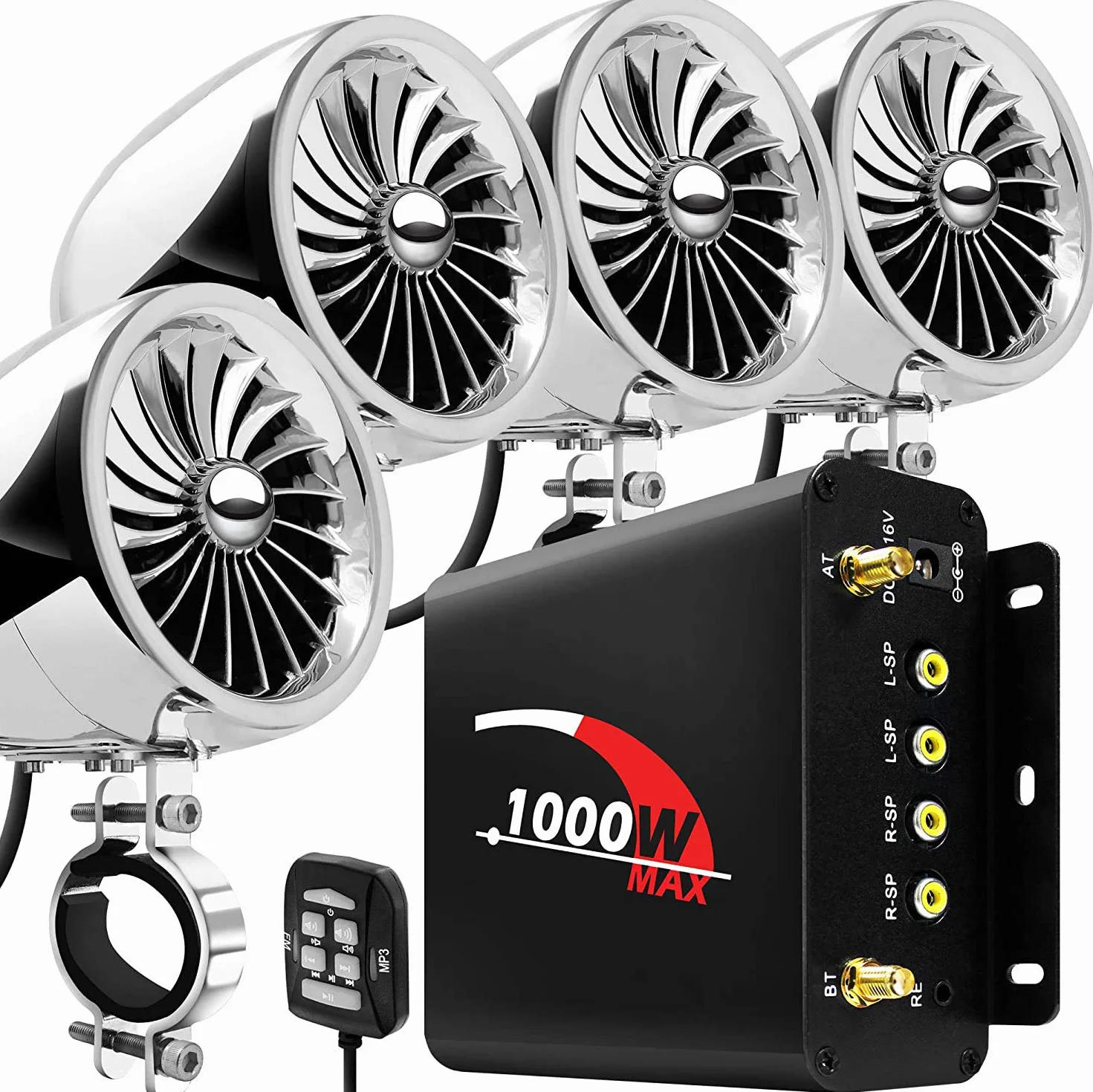 1000W 4 canaux amplificateur de Moto 4 "Gamme complète étanche Bluetooth Moto Haut-parleurs stéréo système Audio Radio FM pour 1-1,5" Guidon ATV UTV (Chrome, Ventilateur)