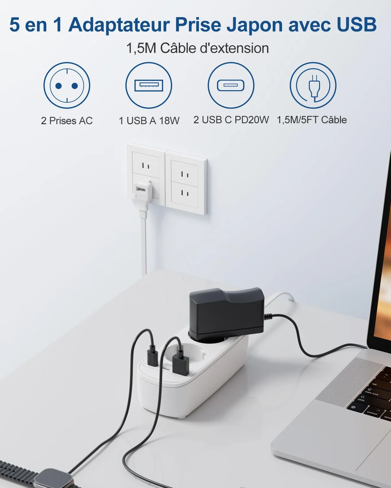 Adaptateur Prise Japon 5 en 1 avec 3 USB PD20W QC3.0 Double Prise Type A 1.5M Câble