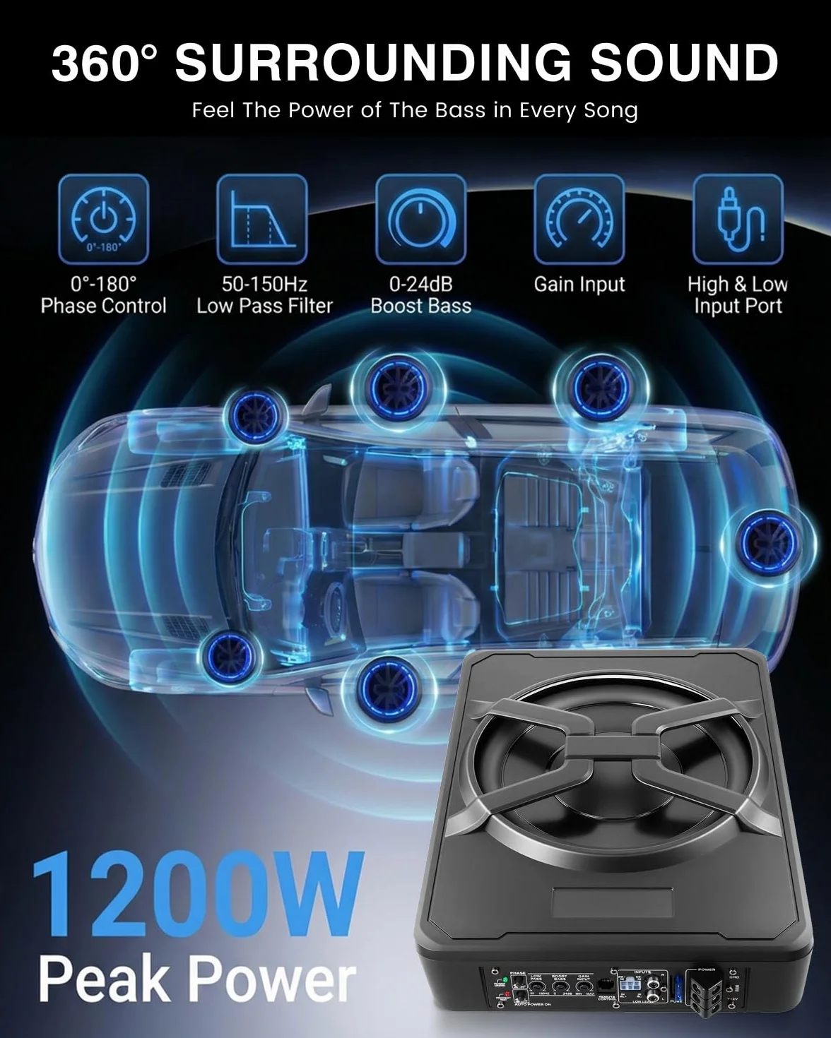 Subwoofer Actif pour Voiture, s'adapte sous Les sièges, Puissance maximale 1200 W, 10 Pouces, avec éclairage d'ambiance, Module amplificateur intégré, subwoofer Compact et Puissant