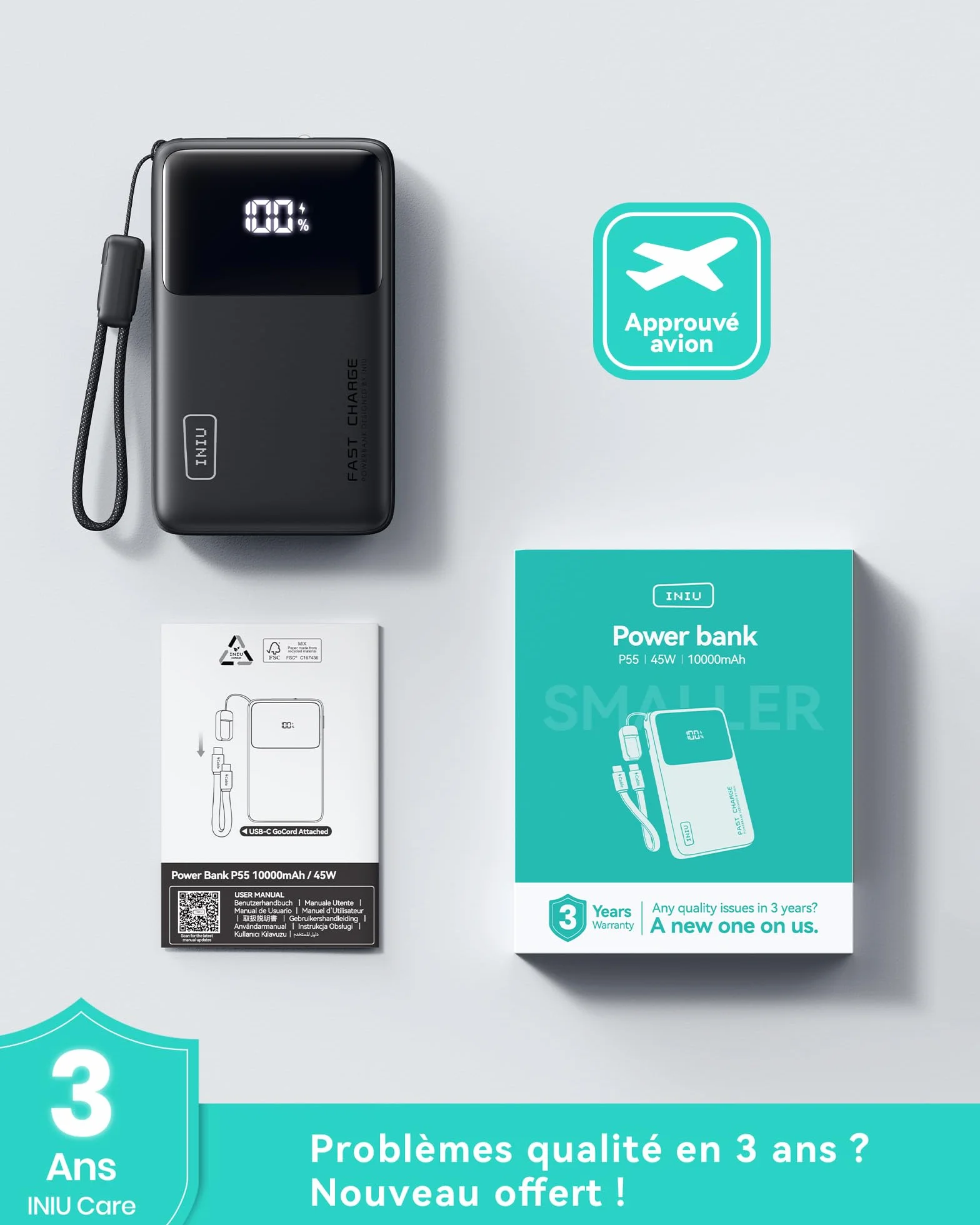 INIU Batterie Externe 10000mAh 45W Charge Rapide Power Bank avec Câble USB C Amovible pour iPhone Samsung Xiaomi iPad