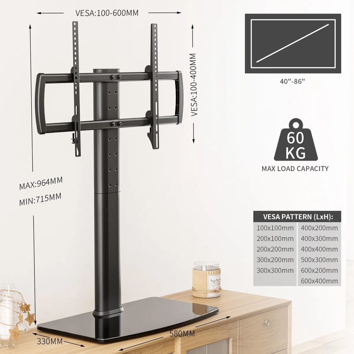 Support Universel Pieds Télé de 40 à 86 Pouce avec Réglable en Hauteur, Rotation de +/- 55 degrés pour TV Ecran LED LCD Plasma