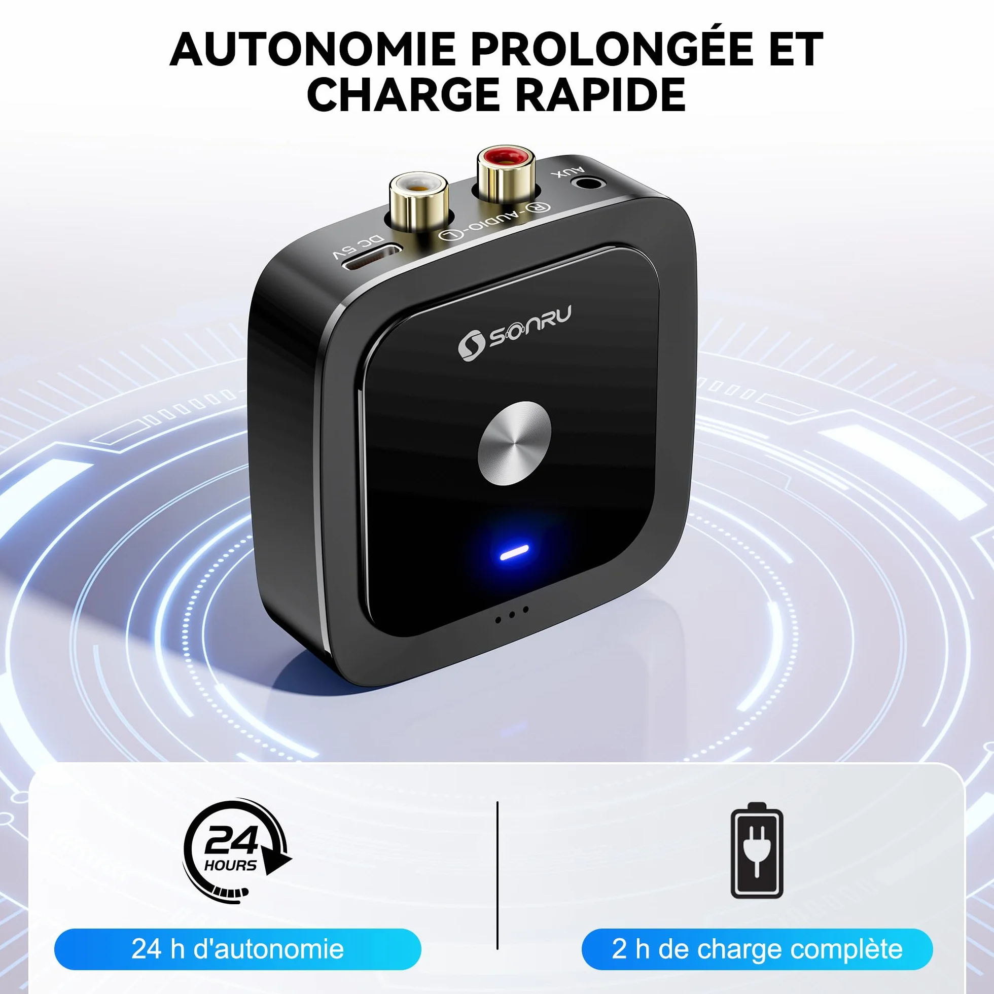 SONRU Récepteur Bluetooth 6.0 Jack Adaptateur RCA pour Chaîne Hi-Fi Voiture 2RCA 3.5mm
