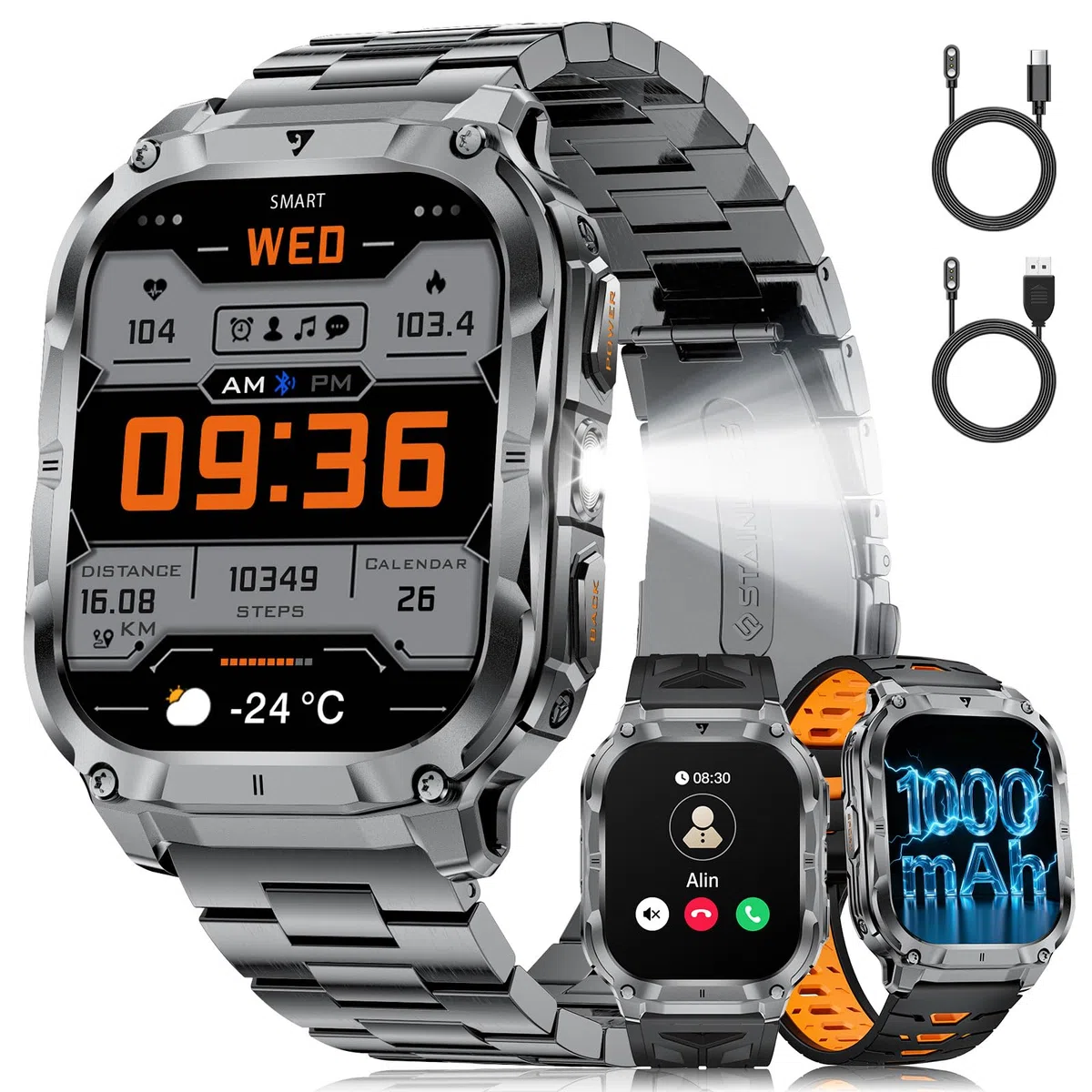 LIGE Montre Connectée Homme（3 Bracelets）, Smartwatch avec Torche LED/Batterie 1000mAh/2.0" HD Grand Écran/Appel Bluetooth/Cardiofréquence/Analyse Sommeil/100+Modes Sport, Smart Watch Android/iOS