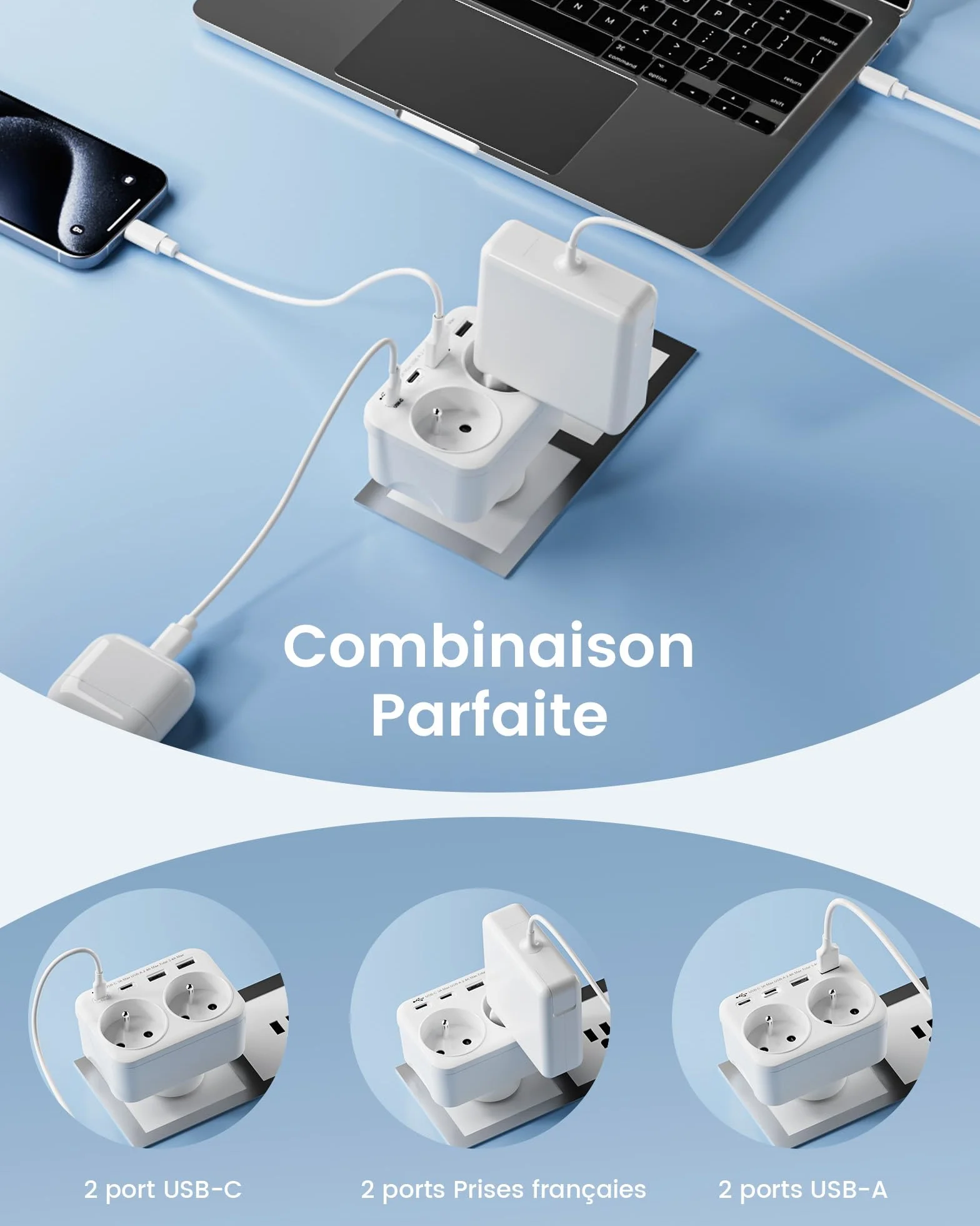 LENCENT Adaptateur de Voyage Type B 6 en 1 USA Canada Mexique Thaïlande Prise Française 2 Prises AC 2 Ports USB-A 2 Ports USB-C