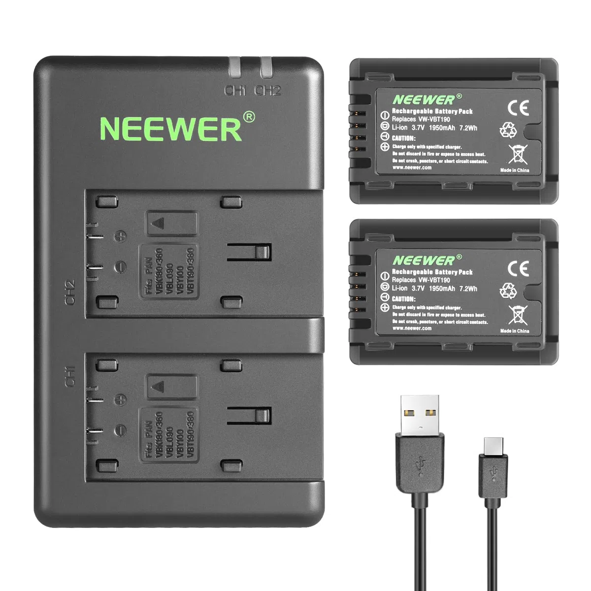 Neewer VW-VBT190 Batterie (Lot de 2/1950mAh) avec Chargeur Double USB Compatible avec Panasonic HC-V110 V130 V160 V180 HC-V201 V210 V250 HC-V380 HC-V510 V520 V550 HC-V710 V720 V750 V770 HC-VX870