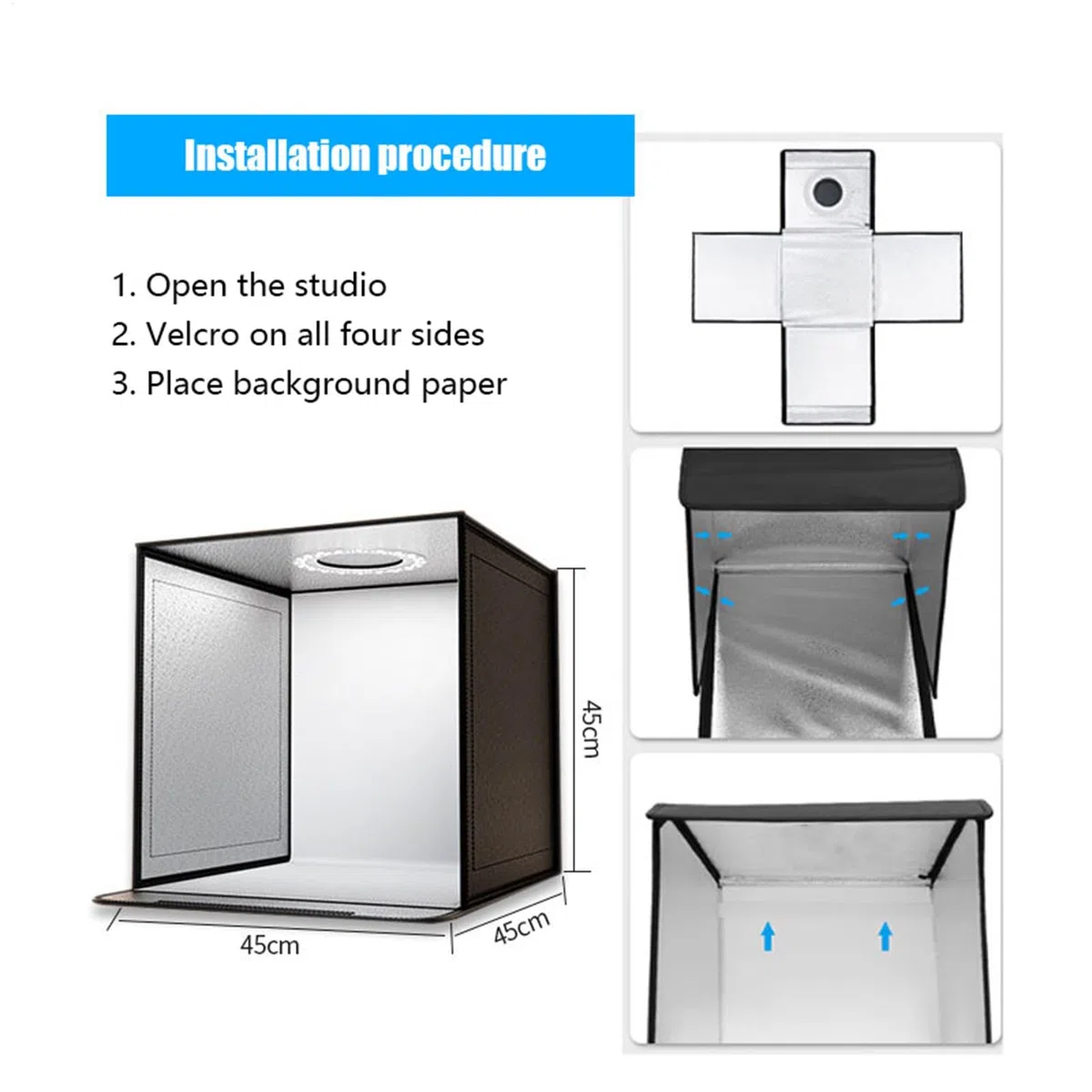 Boîte à lumière pour studio photo - 44 x 44 cm - Cabine de tente pliable avec lumière LED - Accessoires de séance photo pour amateurs et photographes professionnels
