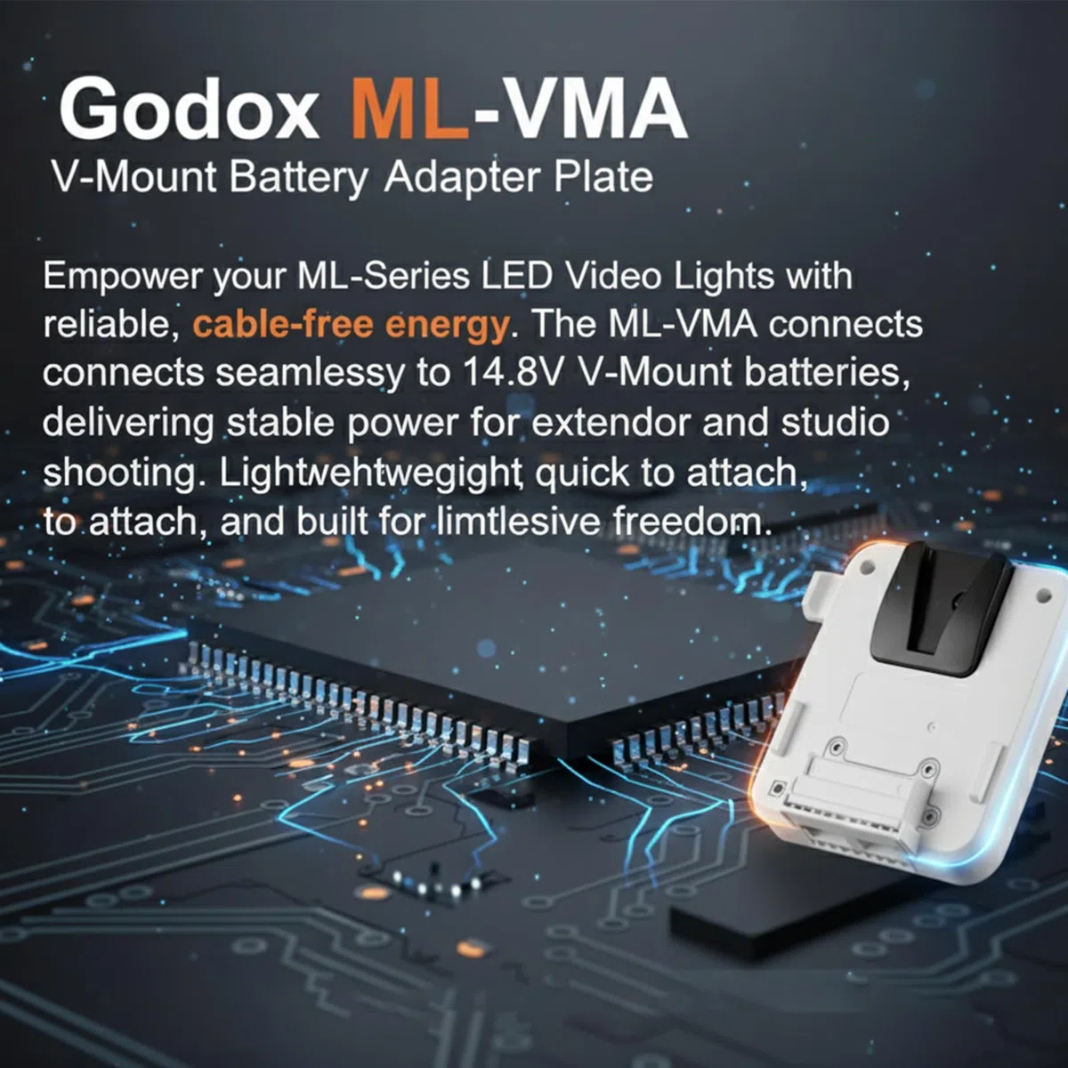 Godox ML-VMA V-Mount Plaque d'adaptateur de batterie compatible avec les lampes vidéo LED Godox ML150Bi et ML80Bi permettant une alimentation sans fil stable pour les enregistrements en studio et en