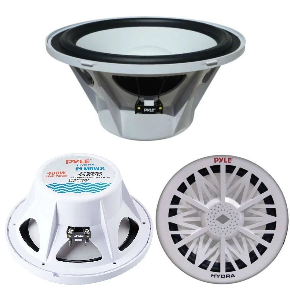 Pyle PLMRW8 SUBWOOFER IMPERMÉABLE Marin Waterproof 8" 20,00 CM 200 MM Blanc Bateaux Bateau CANOT Piscine LOCAUX en Plein AIR Unique Bobine DE 4 OHM 200 Watt RMS 400 Watt Max