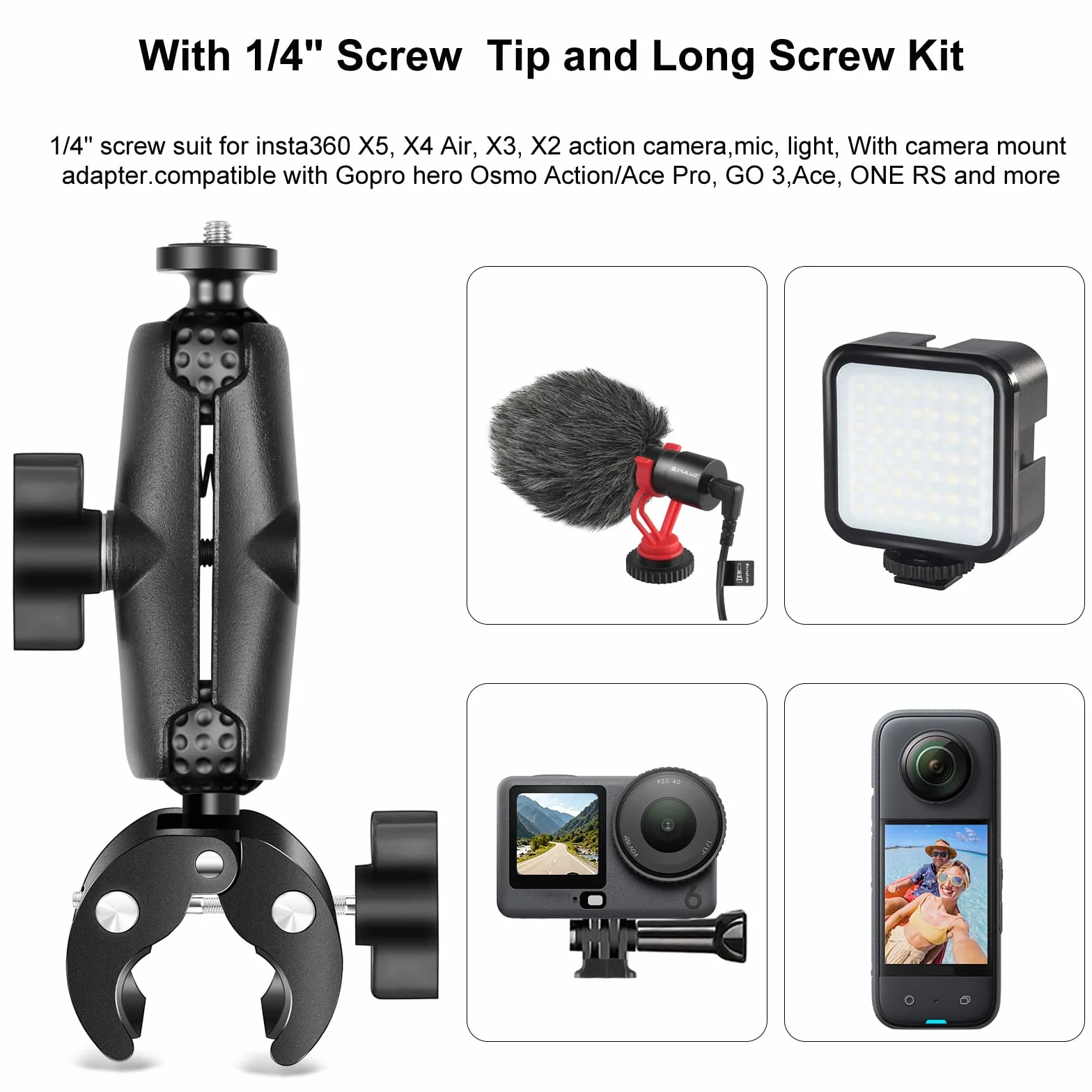 Super Clamp Crabe Action Camera Moto Guidon Support Fixe 360° Rotation Rotule Tête Boule Filetage 1/4" pour Caméra Studio Trépied Compatible Gopro Insta360 X5 X4 X3 OSMO