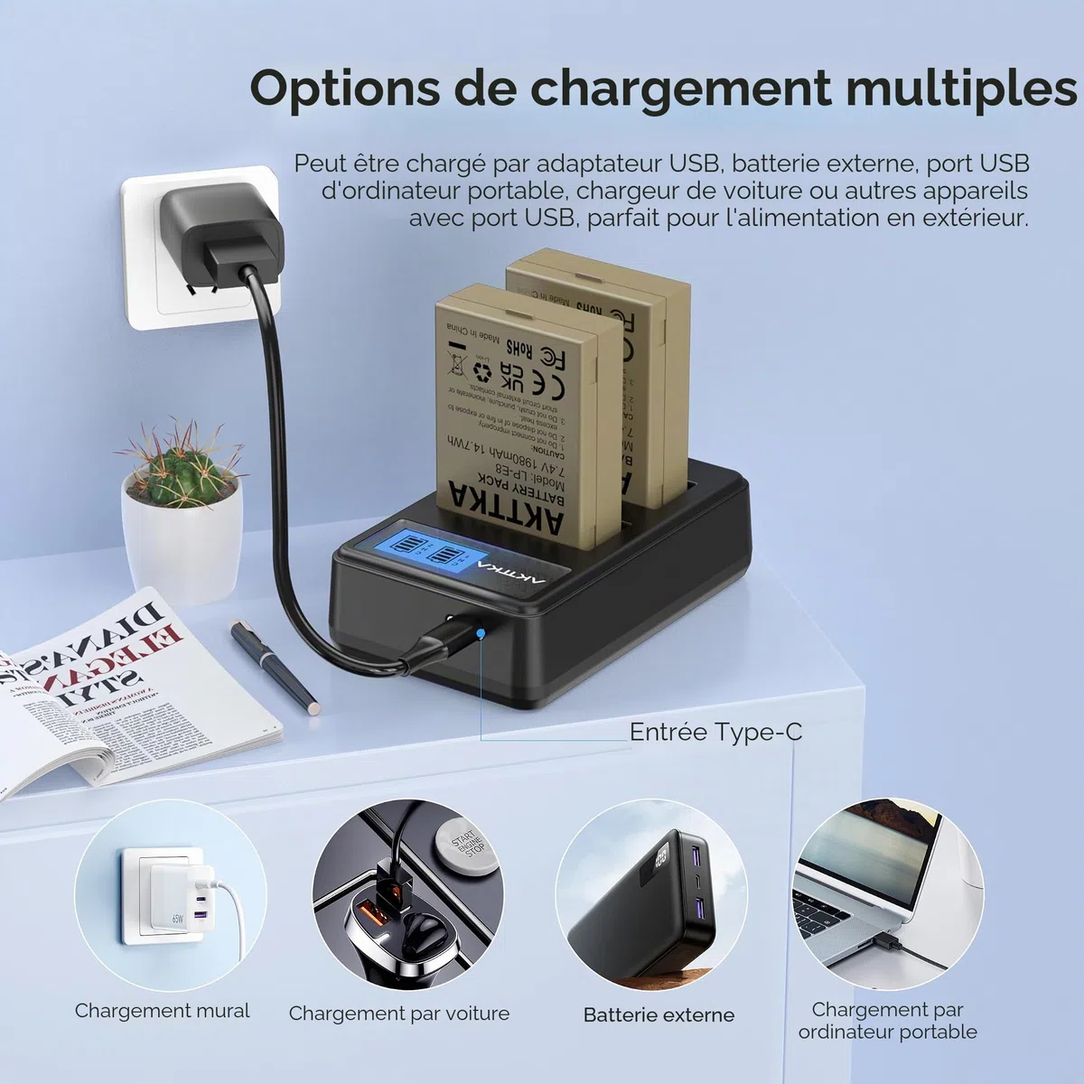 LP-E8 Lot de 2 Batteries de Rechange 1980 mAh et Chargeur Rapide Double pour Canon LP-E8, Compatible avec Canon EOS Rebel T2i, T3i, T4i, T5i, 550D, 600D, 650D, 700D, Kiss X4, X5, X6