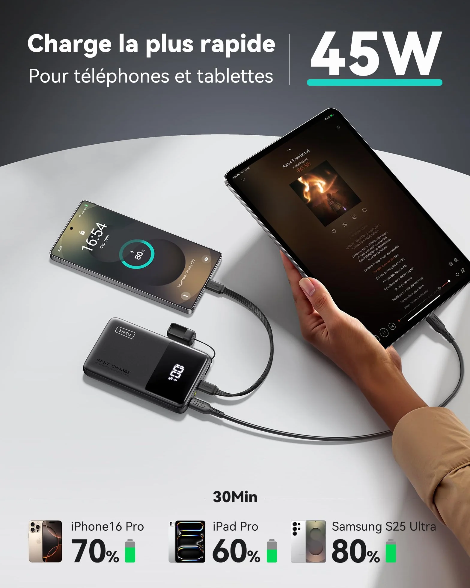 INIU Batterie Externe 10000mAh 45W Charge Rapide Power Bank avec Câble USB C Amovible pour iPhone Samsung Xiaomi iPad