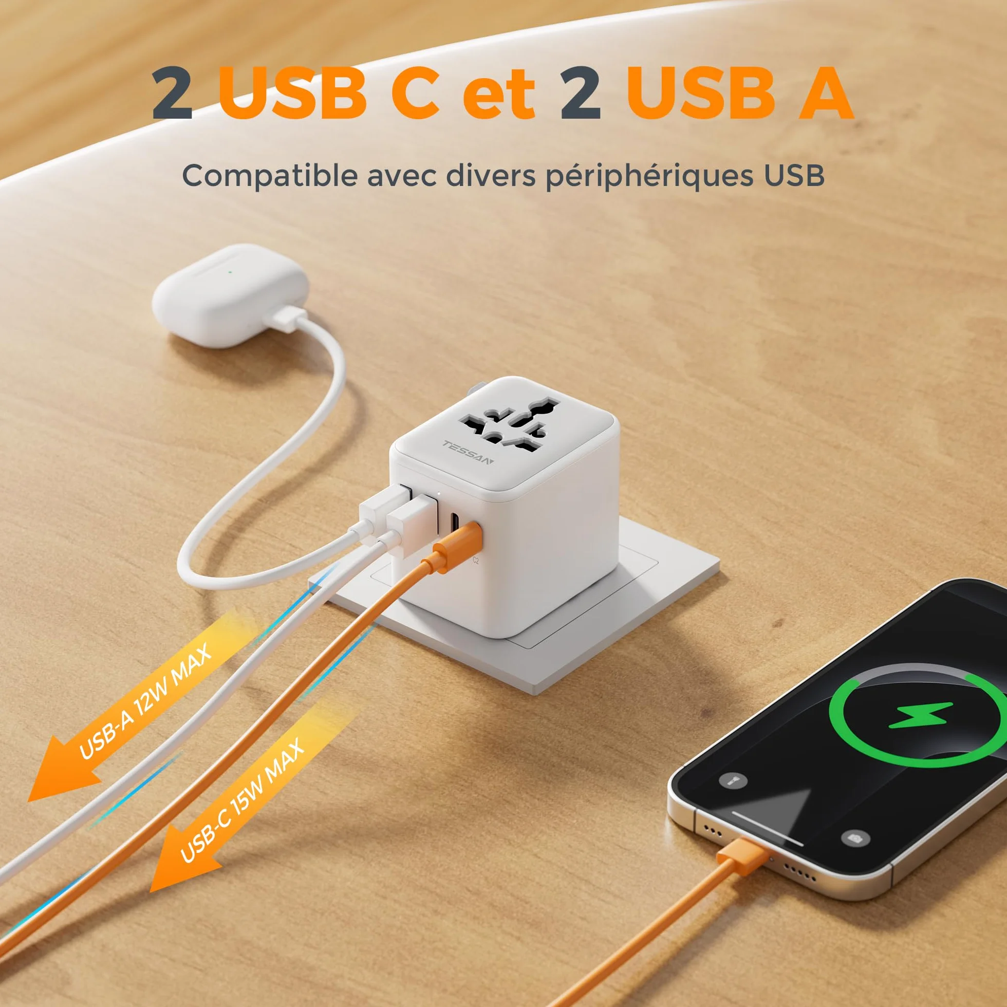 TESSAN Adaptateur Prise Universelle, Chargeur Universel 2 USB C 2 USB A Voyage France vers UK USA Canada Australie