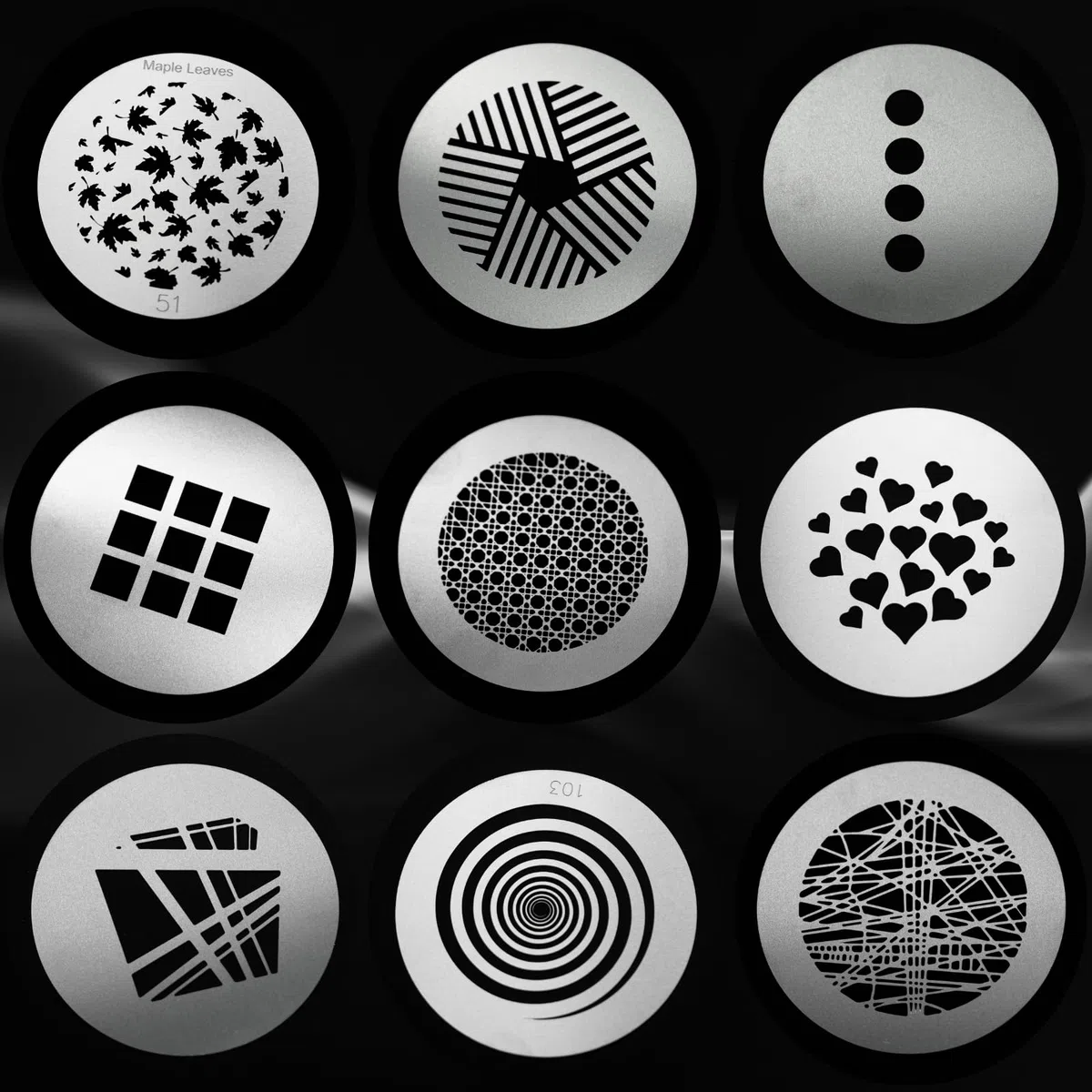 Kit de 18 Gobos ronds pour snoot optique, 66 mm, motifs de plaque métallique pour fixation de projecteur, compatible avec Godox BFP/OT1/OT1 Pro/II/Westcott Optical Spot/Aputure SE, pour portraits