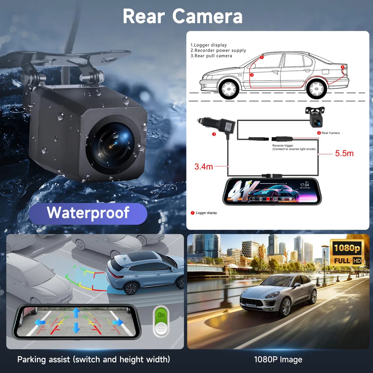 9.66‘’ 4K+1080P Dashcam Rétroviseur Wi-FI et Contrôle par Application,Carte TF 64 Go, Détection de Gravité, Surveillance du Stationnement, Assistance à la Marche Arrière, Enregistrement en Boucle