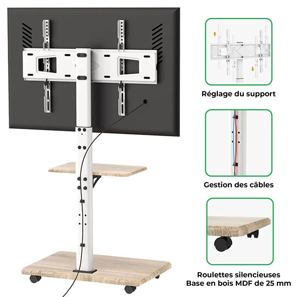 Delphos Support TV Mobile avec Socle en Bois, Meuble TV à roulettes 32-70" jusqu'à 45 kg, Chariot Meuble TV réglable en Hauteur jusqu'à env. 130 cm, Rotatif ±25° Max. VESA 600x400 Blanc