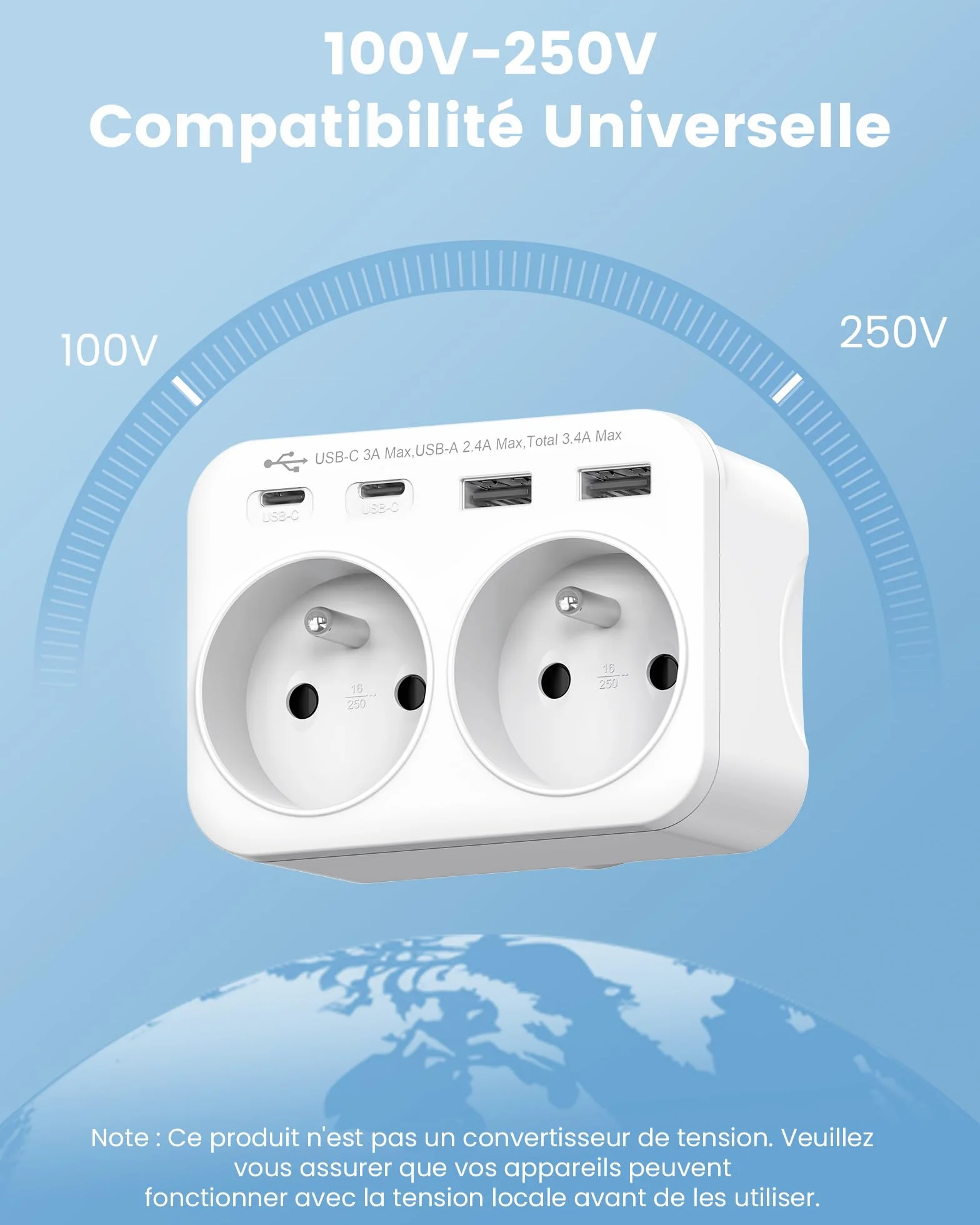 LENCENT Adaptateur de Voyage Type B 6 en 1 USA Canada Mexique Thaïlande Prise Française 2 Prises AC 2 Ports USB-A 2 Ports USB-C