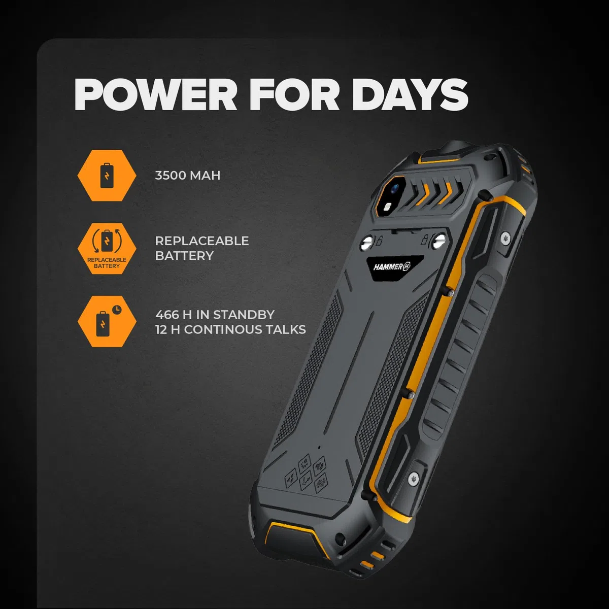 Hammer Boost 2 LTE Téléphone incassable 4G IP68, téléphone Portable Senior à Grandes Touches, Lampe Torche, écran 2,4", Dual SIM, Batterie 3500 mAh, Noir Orange