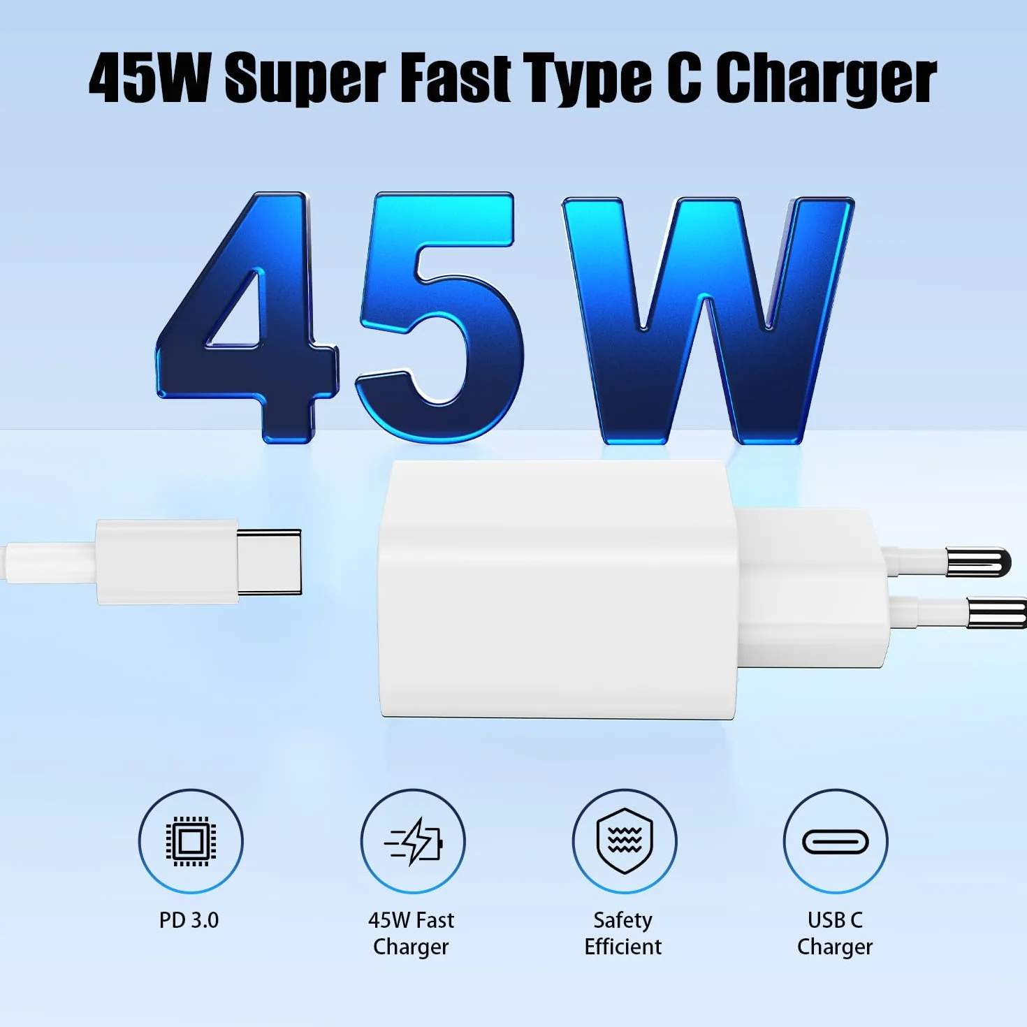Chargeur Rapide USB C 45W 2 Ports pour iPhone 17 16 15 Pro Max avec Câble USB C 1M+2M Blanc