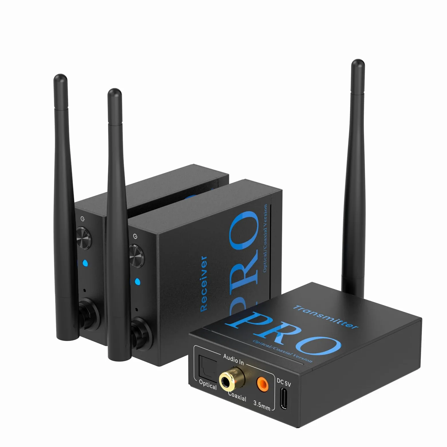 1Mii (1 TX + 2 RX) Émetteur Récepteur Audio Sans Fil, Transmission 2,4 GHz | Faible Latence, Musique HiFi de TV/PC vers Enceintes Actives/Amplificateurs/Récepteurs AV, Optique/Coaxiale/3,5 mm/RCA