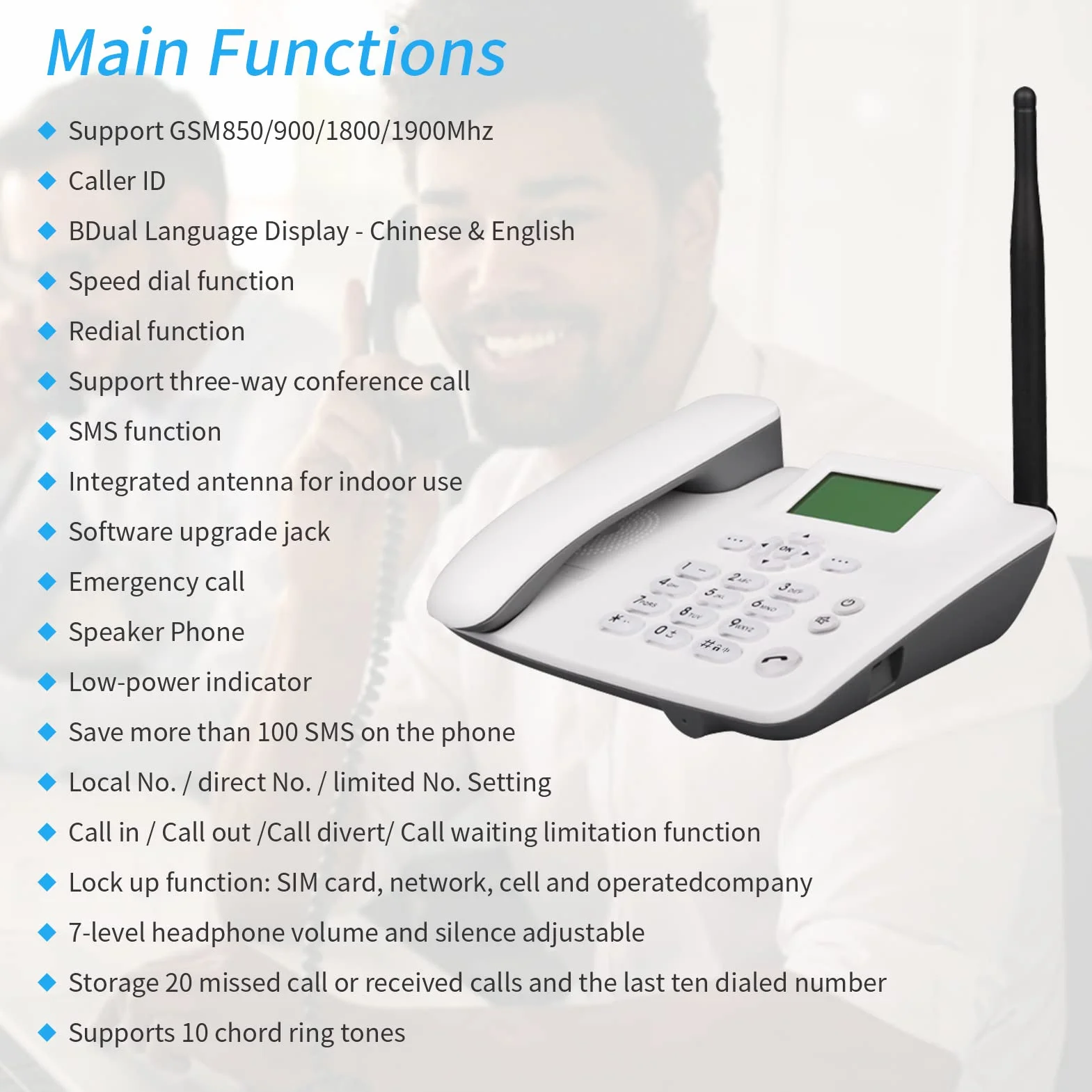 Téléphone Fixe sans Fil 4G Support de Bureau GSM 850/900/1800/1900MHz Carte SIM Antenne Radio-Réveil Fonction SMS pour Maison Centre d'appels
