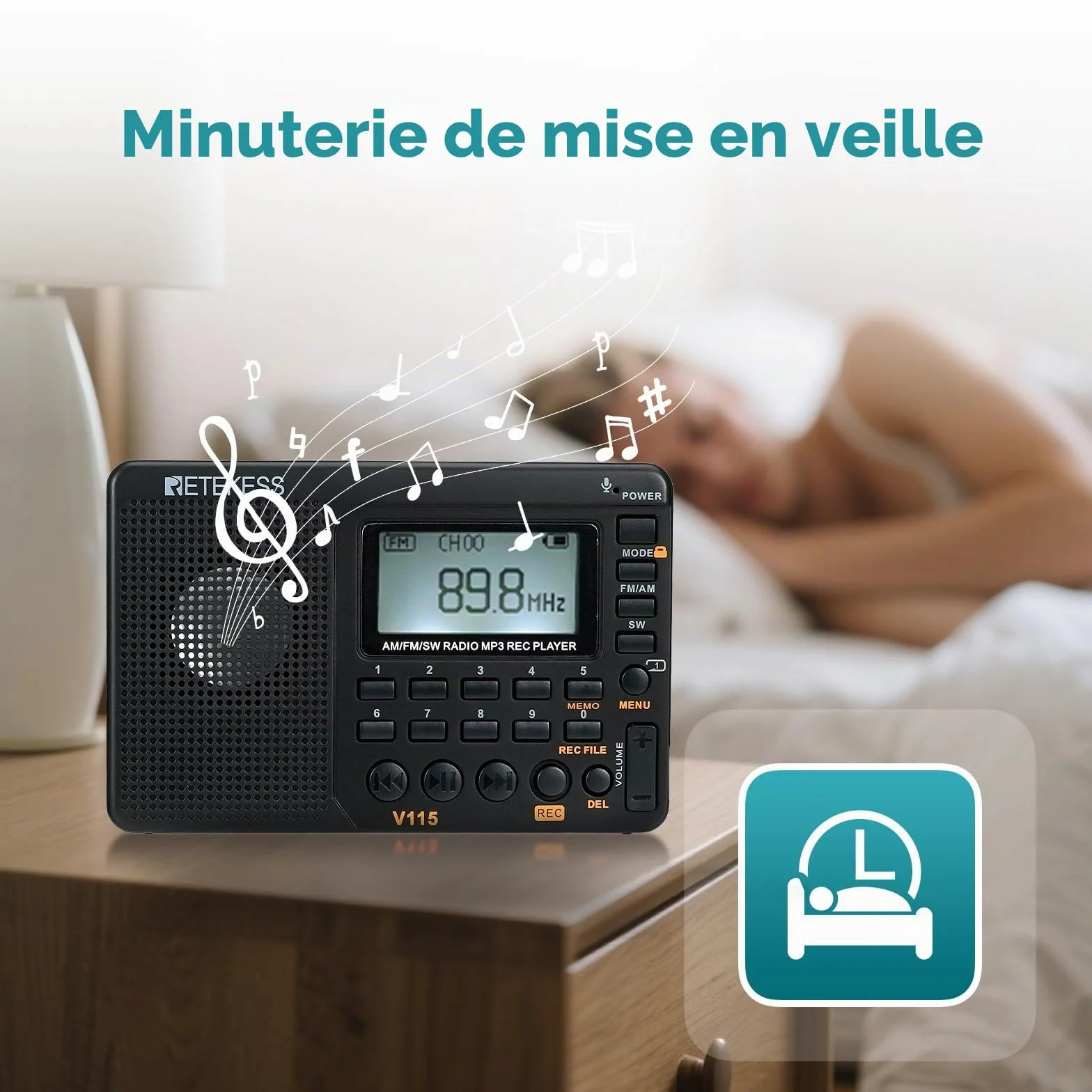 Retekess V115 Radio Portable FM AM SW Rechargeable Piles Secteur Carte TF Enregistreur MP3 Noir