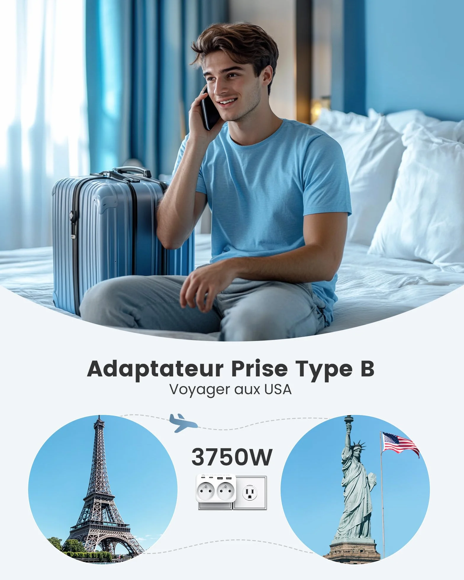 LENCENT Adaptateur de Voyage Type B 6 en 1 USA Canada Mexique Thaïlande Prise Française 2 Prises AC 2 Ports USB-A 2 Ports USB-C