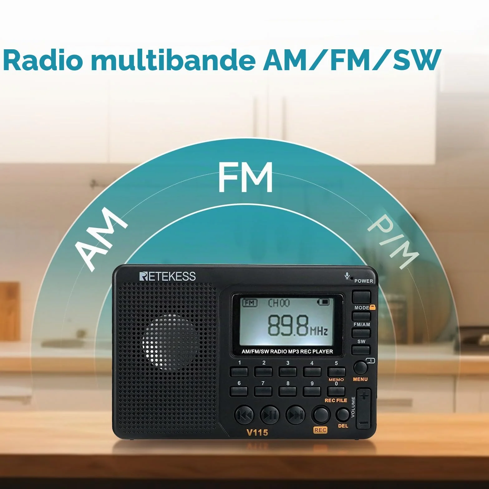Retekess V115 Radio Portable FM AM SW Rechargeable Piles Secteur Carte TF Enregistreur MP3 Noir