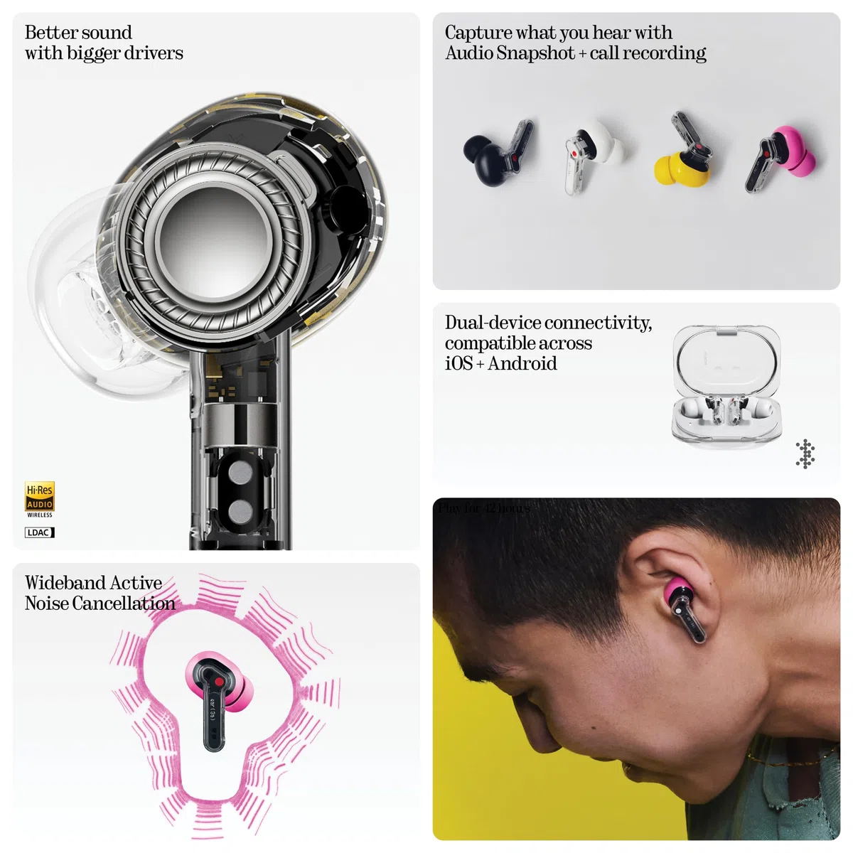 Nothing Ear (3a) Écouteurs Réduction Bruit, 45dB Hybrid ANC, Hi-Res Audio, 12mm Bass Boost, 6 Mics, Bluetooth Dual Connect pour Sport, Voyages, Travail