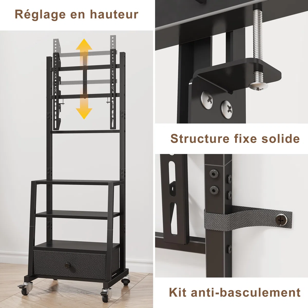Support TV sur Pieds Support TV roulettes 32-60" VESA 400x400, Noir | Tiroir Tissu, Rangement Étagère, Hauteur Réglable, Charge 40kg, Facile à Assembler, Salon/Chambre/Bureau
