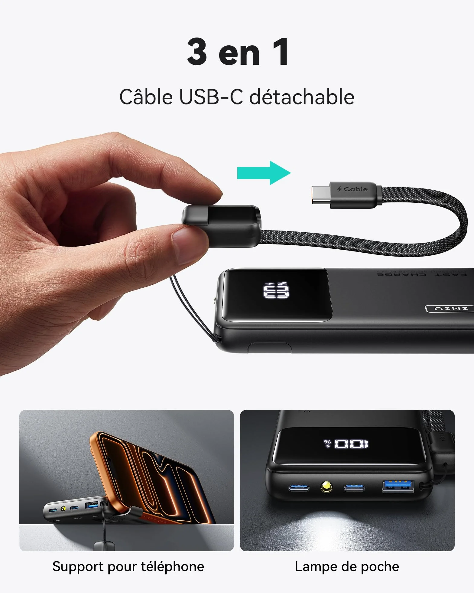 INIU Batterie Externe 10000mAh 45W Charge Rapide Power Bank avec Câble USB C Amovible pour iPhone Samsung Xiaomi iPad