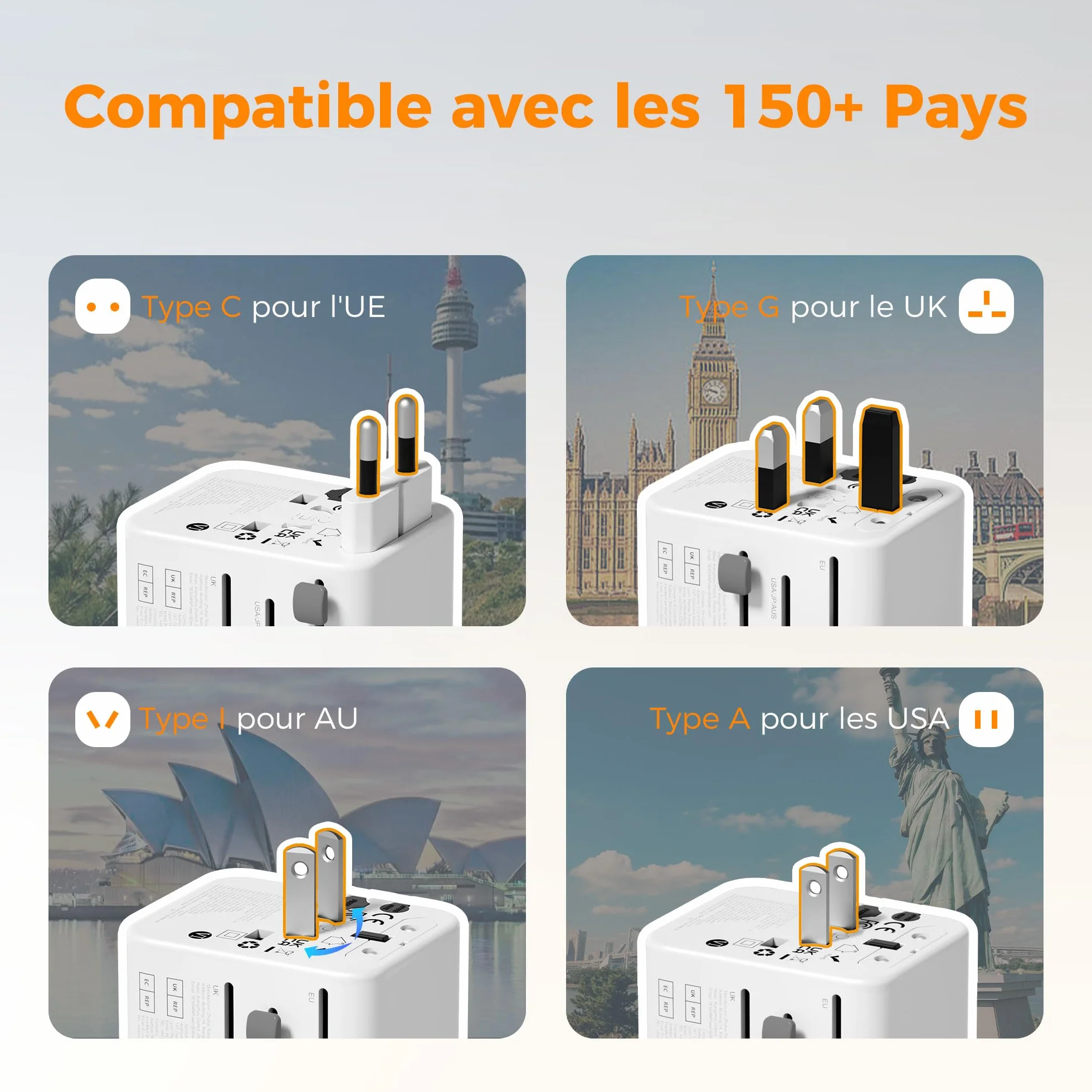 TESSAN Adaptateur Prise Universelle Voyage 5 USB 28W International France vers USA Angleterre Thaïlande Japon Australie Chine