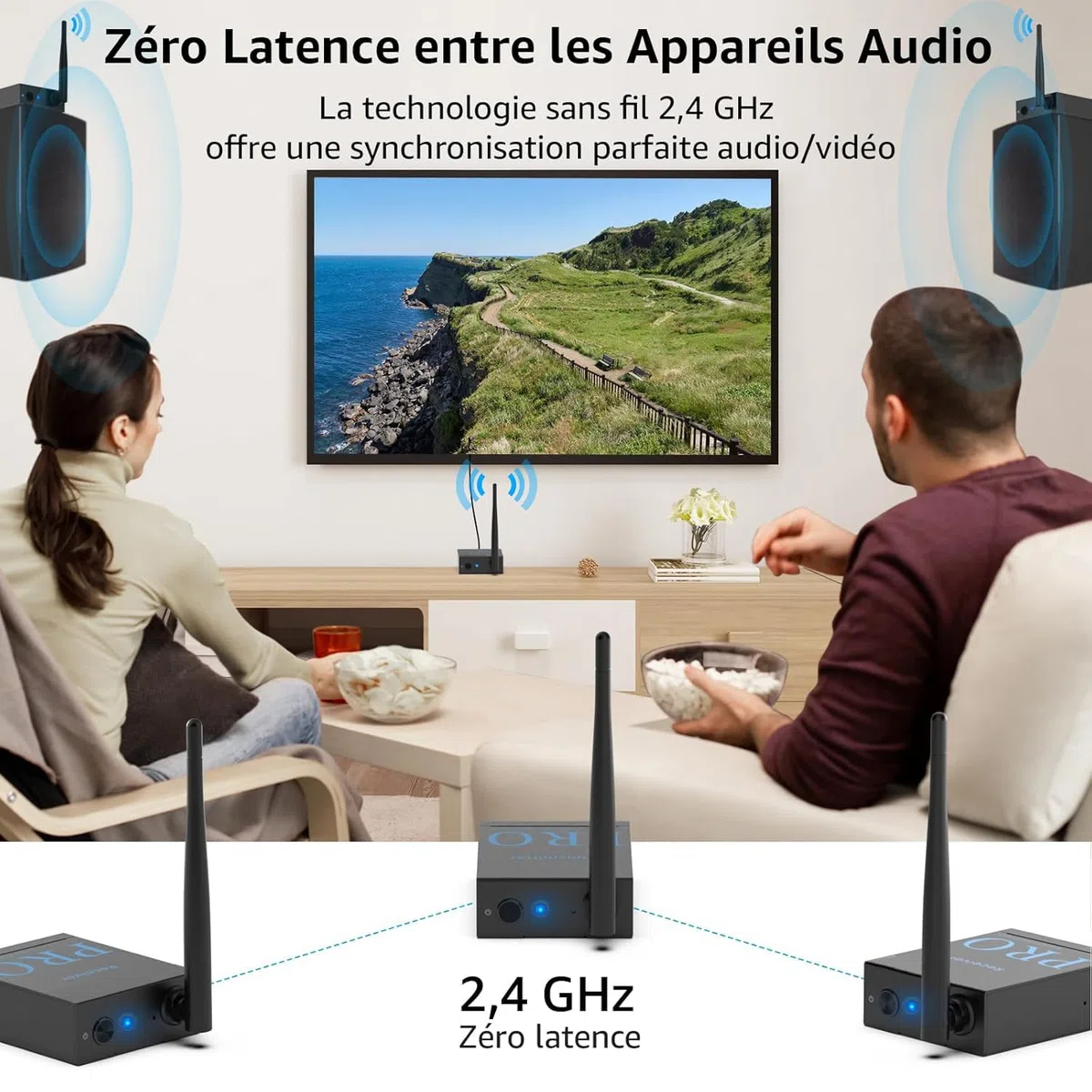 1Mii (1 TX + 2 RX) Émetteur Récepteur Audio Sans Fil, Transmission 2,4 GHz | Faible Latence, Musique HiFi de TV/PC vers Enceintes Actives/Amplificateurs/Récepteurs AV, Optique/Coaxiale/3,5 mm/RCA