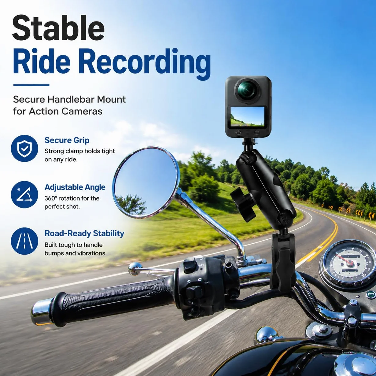 Super Clamp Crabe Action Camera Moto Guidon Support Fixe 360° Rotation Rotule Tête Boule Filetage 1/4" pour Caméra Studio Trépied Compatible Gopro Insta360 X5 X4 X3 OSMO