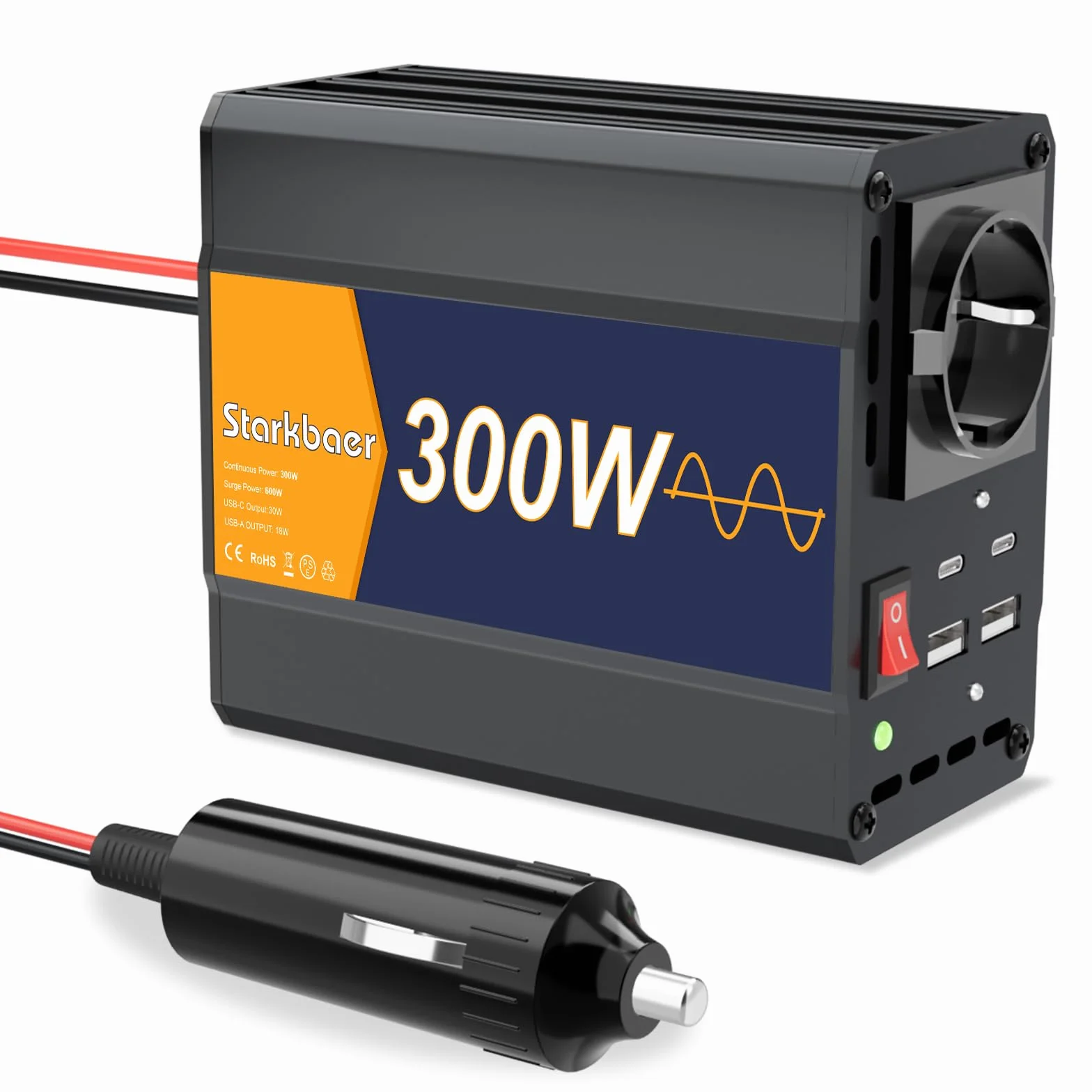 Convertisseur Voiture 12V 230V Pure Sinus 300W Onduleur Allume-Cigare USB | Onduleur avec Prise Allume-Cigare, 4 Ports USB & Boîtier en Aluminium. Idéal pour Recharge de Téléphone & Voyages en Auto