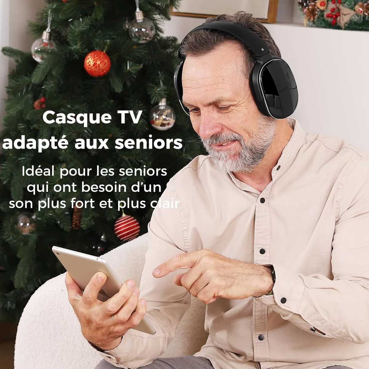 Casque sans Fil pour Regarder la télévision avec Station de Charge et émetteur RF, Casque TV Confortable pour Seniors, Compatible avec Toutes Les télévisions, Noir et Argent