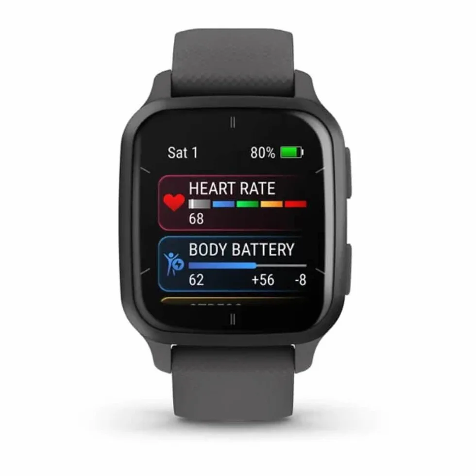 Garmin Venu Sq 2 - Montre connectée GPS Multisports avec écran AMOLED et Suivi santé - Gray avec Bracelet Gris foncé - Boîtier 40 mm Noir