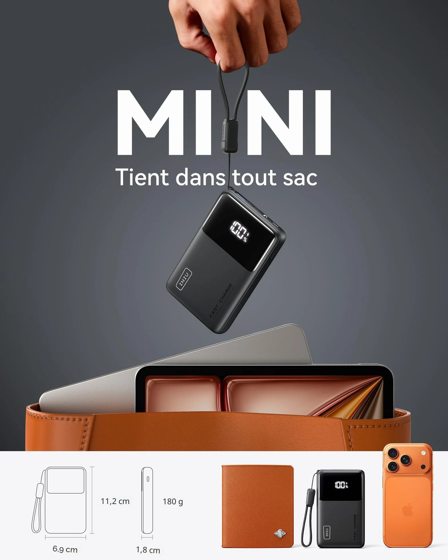 INIU Batterie Externe 10000mAh 45W Charge Rapide Power Bank avec Câble USB C Amovible pour iPhone Samsung Xiaomi iPad