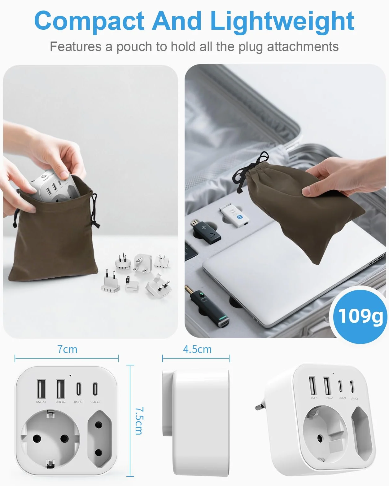 Adaptateur de Voyage Universel 6 Prises Internationales USB A USB C USA UK EU AUS Japon Afrique du Sud