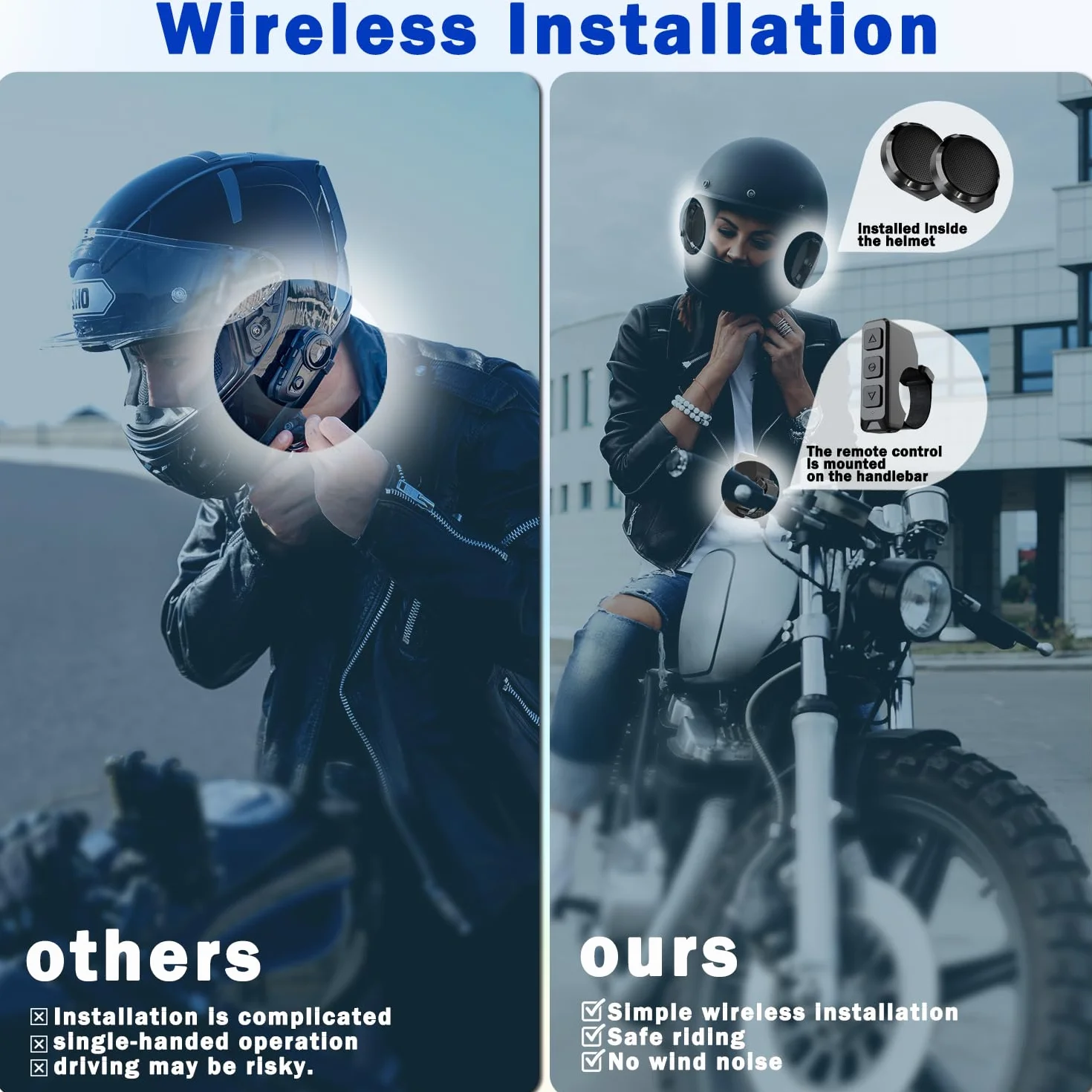 Intercom sans Fil Moto, Installé à L'intérieur du Casque, avec Télécommande sans Fil, sans Bruit de Vent, Longue Autonomie, Idéal pour la Moto, Le Ski et Le Vélo