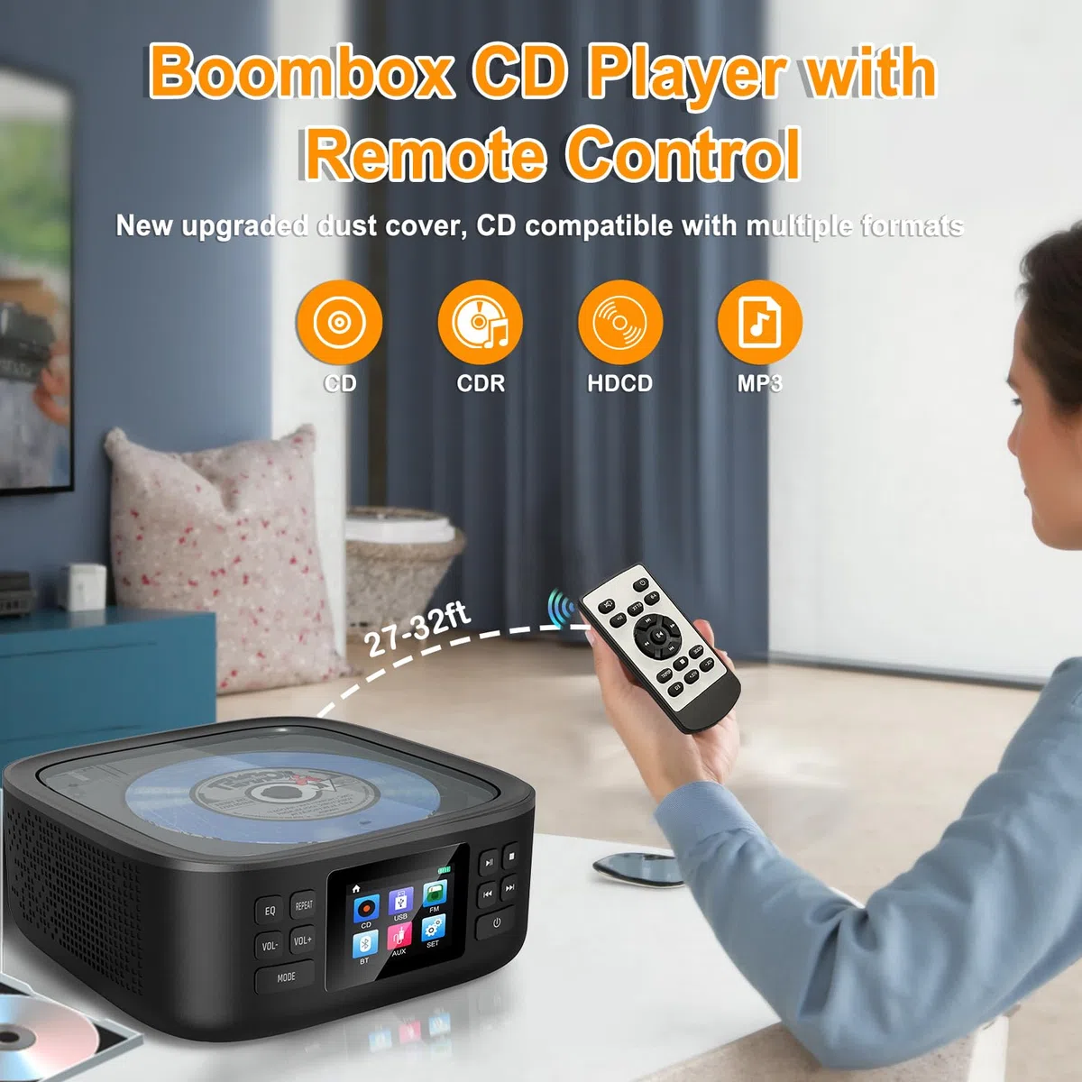 Lecteur CD Portable Bluetooth Rechargeable avec Enceinte Télécommande Audio | Lecteur CD Boombox avec Haut Parleur Radio FM Écran Led Stéréo en Charge AUX3.5mm/USB Prise Casque pour Enfant Maison Voiture