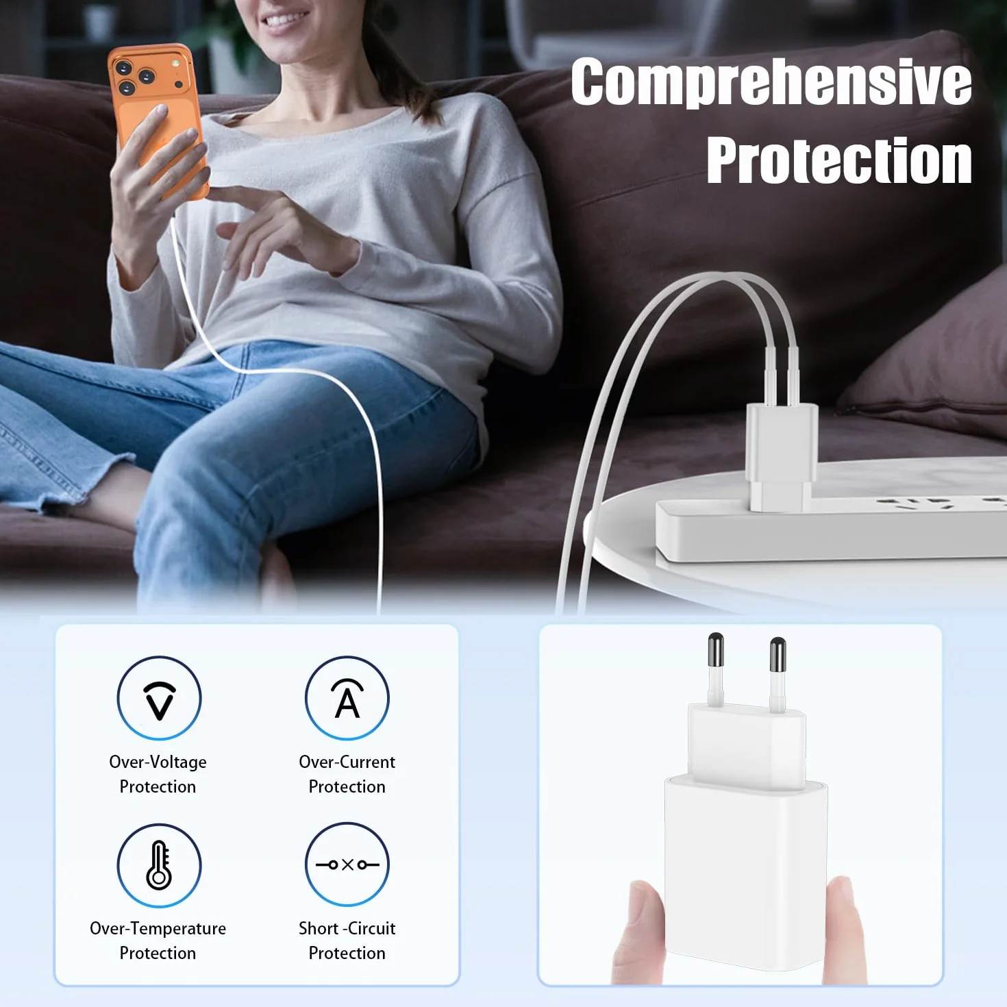 Chargeur Rapide USB C 45W 2 Ports pour iPhone 17 16 15 Pro Max avec Câble USB C 1M+2M Blanc