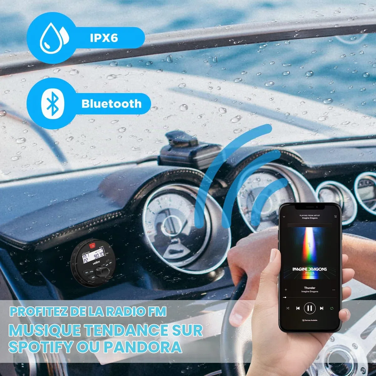 Vélex Récepteur stéréo étanche Bluetooth marine avec lecteur MP3, DAB+/AM/FM et USB pour streaming de musique sur bateau, golf carts, ATV/UTV et spa/hot tubs