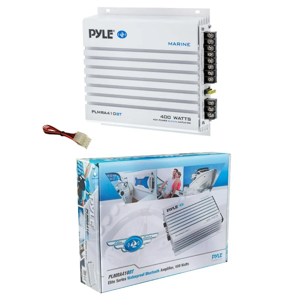 KIT SET POUR PYLE PLMRA410BT 1 Amplificateur marin 4 canaux, classe AB, 4 x 100 watts max, étanche, connectivité Bluetooth 2.1, pour piscines, bateaux, bateaux, 1 pièce + câbles gratuits