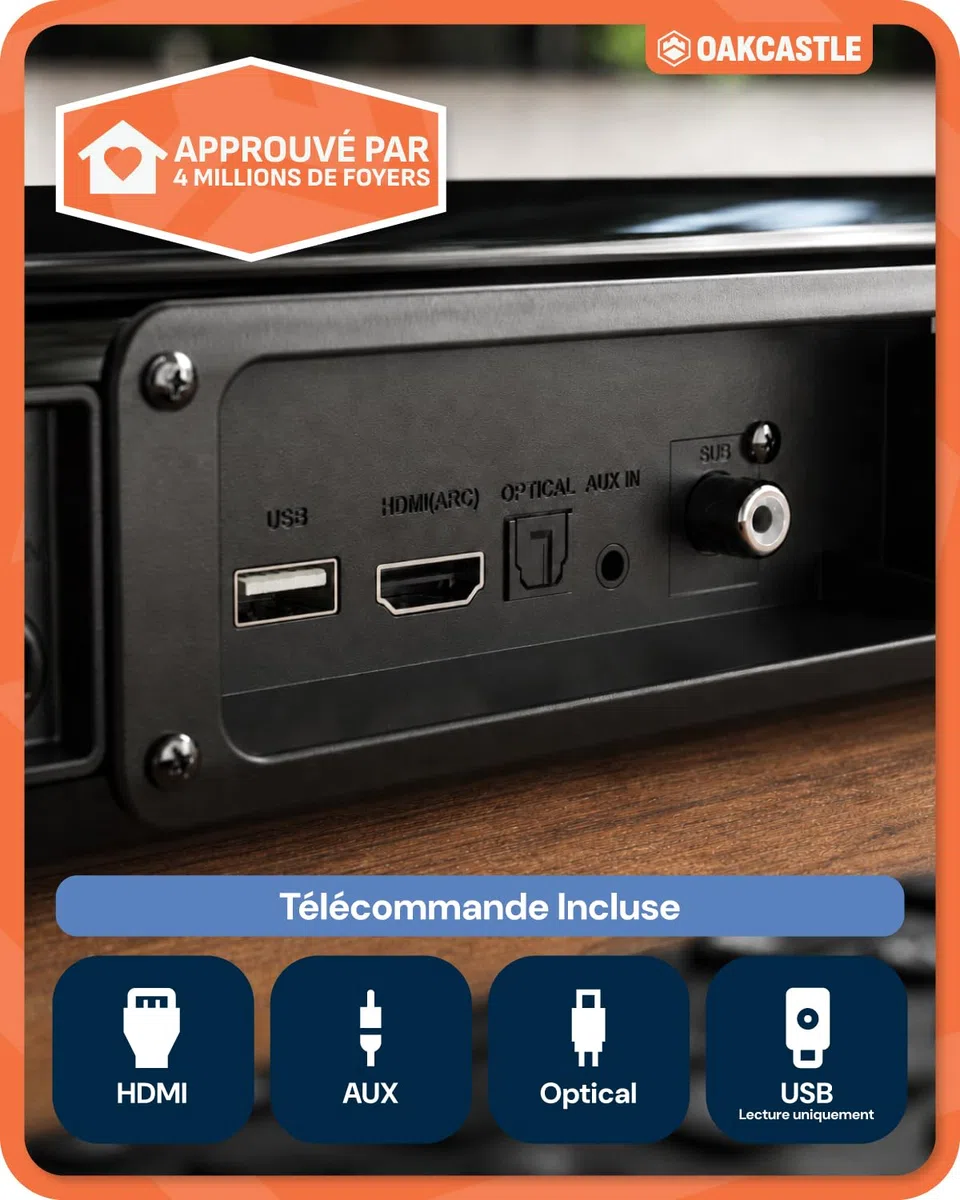 Oakcastle Barre de Son TV 2.1, Soundbar, Caisson de Basses 90W SB40 Xtra | HDMI Arc AUX Optique USB | Télécommande Kit Mural PC Téléviseur
