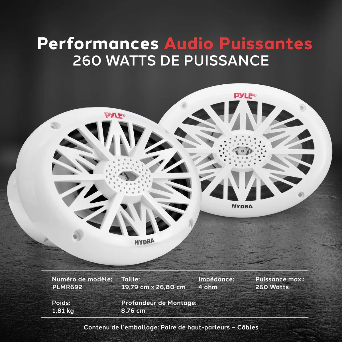 Pyle Haut-Parleurs Marines 6x9 Pouces - Système Audio Stéréo 2 Voies Résistant à l'eau et aux Intempéries avec Puissance de 260 Watts, Cones en Polycarbonate et Entourage en Tissu - 1 Paire