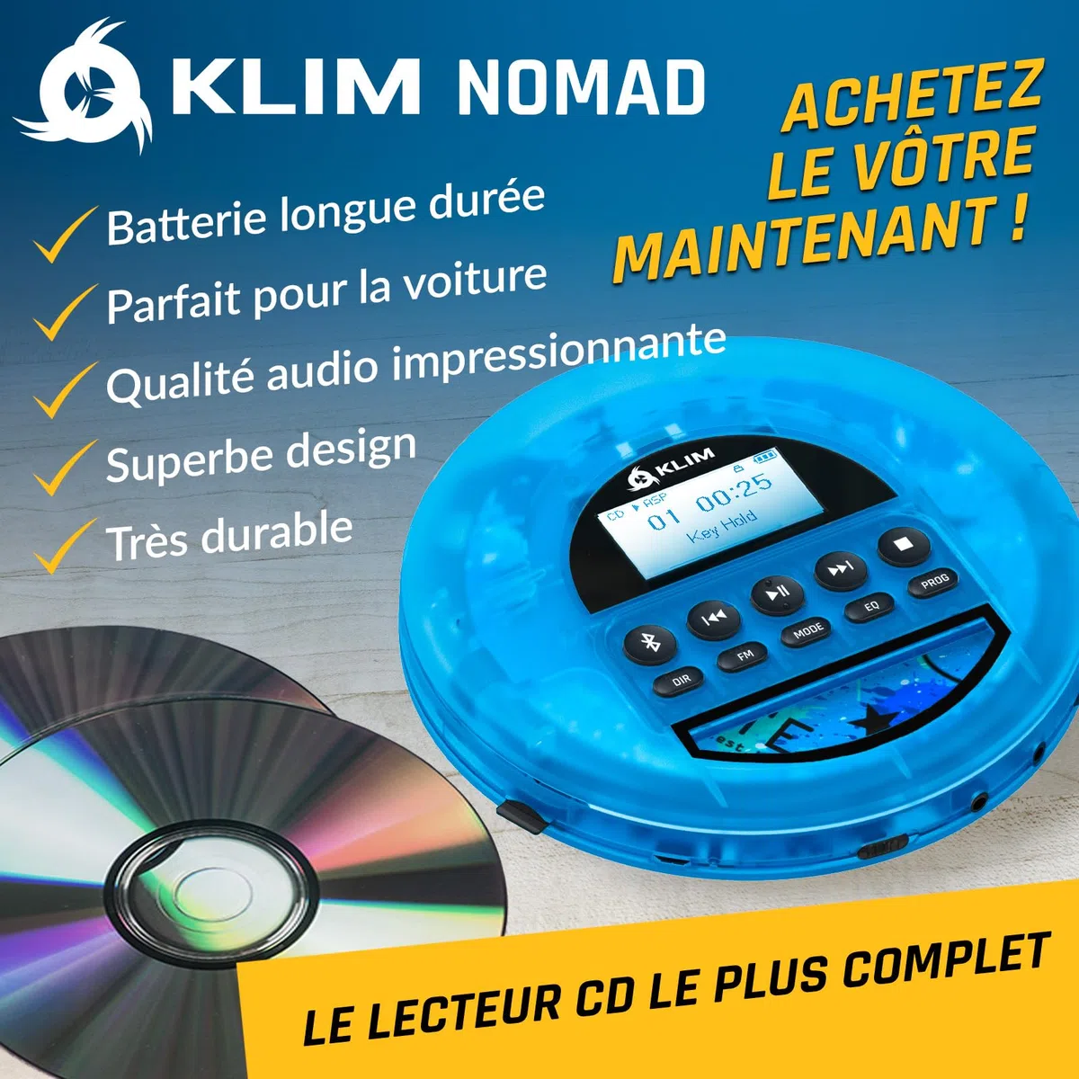 Nomad Lecteur CD Portable Bluetooth - Batterie Longue Durée - Radio FM TF | Écouteurs Inclus, Double Port Audio, Carte TF, Radio FM, Protection Anti-Saut, Câble AUX Voiture - Bleu Transparent