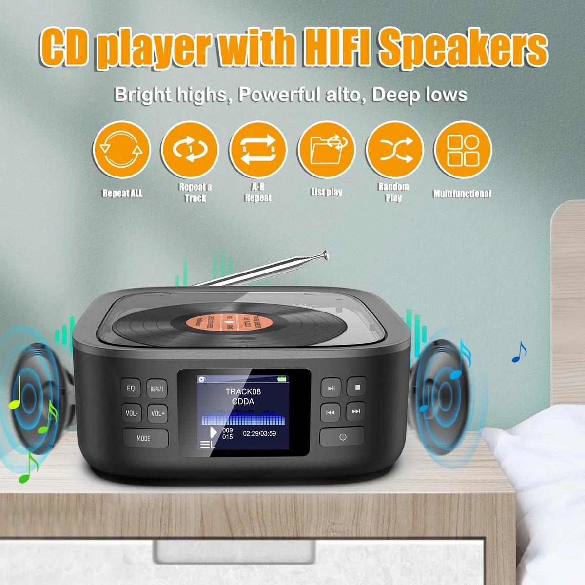 Lecteur CD Portable Bluetooth Rechargeable avec Enceinte Télécommande Audio | Lecteur CD Boombox avec Haut Parleur Radio FM Écran Led Stéréo en Charge AUX3.5mm/USB Prise Casque pour Enfant Maison Voiture