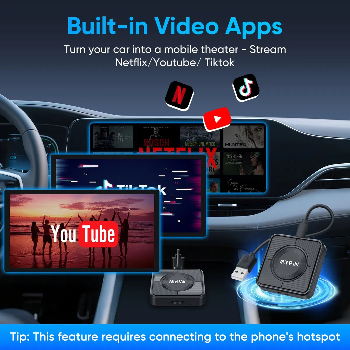 MYPIN Adaptateur CarPlay sans Fil 3-en-1, Convertisseur Le Filaire en sans Fil | Plug and Play | USB Type-C et Type A | pour iPhone et Android (Noir) | Prise en charge Netflix/YouTube et fente pour carte TF, Plug & Play, compatible avec USB Type-C/A, pour